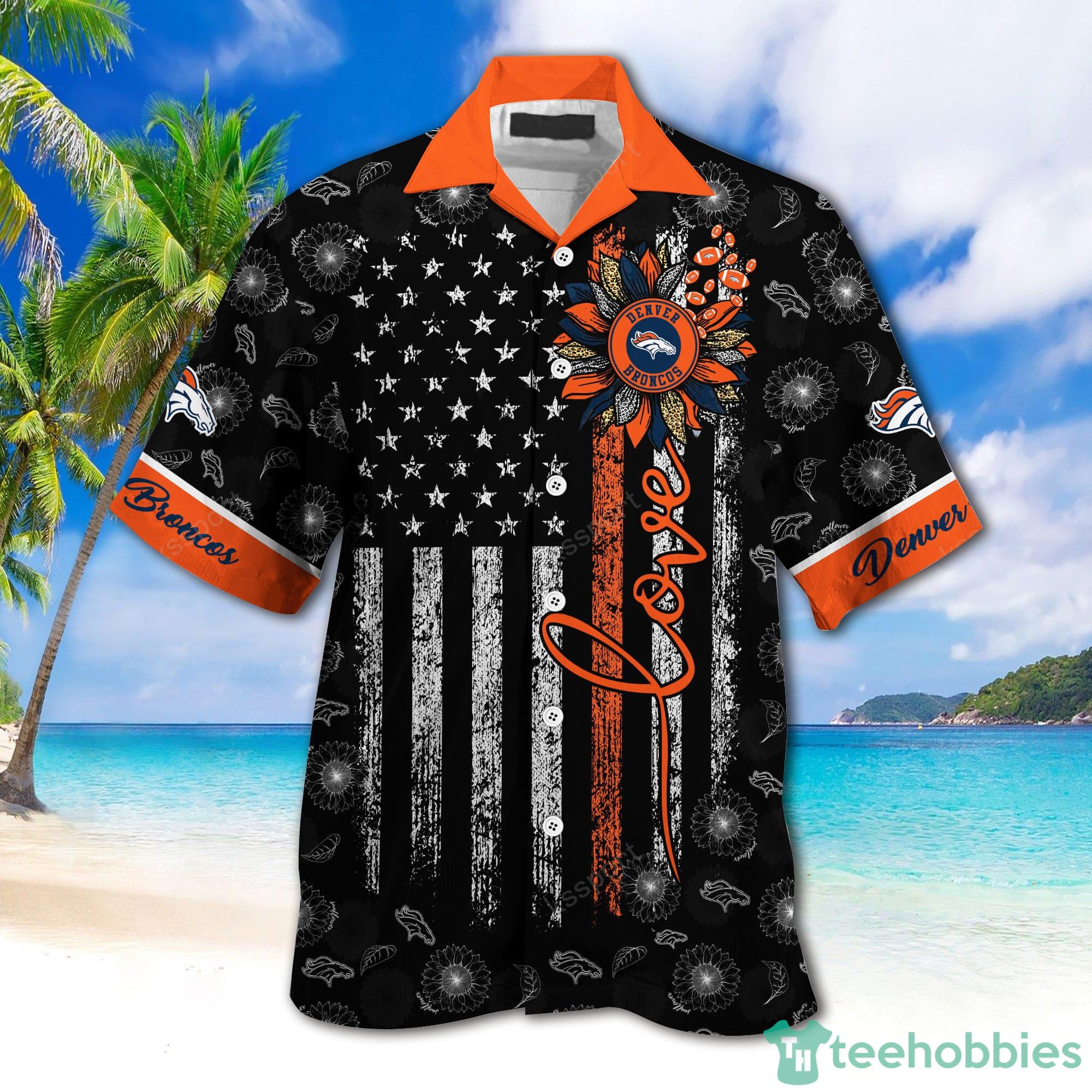 Denver Broncos NFL Custom Name Sunflowers And American Flag Hawaiian Shirt