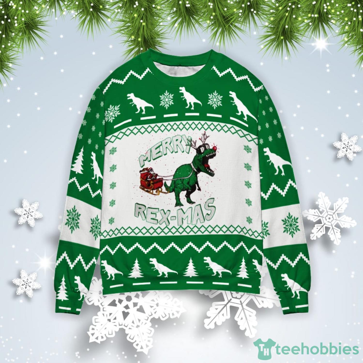 Dinosaur Sleigh Ride Santa Merry Rexmas Christmas Gift Ugly Christmas Sweater Product Photo 1