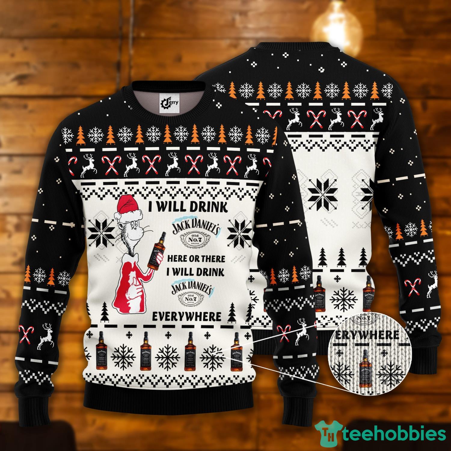 Dr. Seuss I Will Drink Jack Daniels Here Or There Ugly Christmas Sweater Product Photo 1