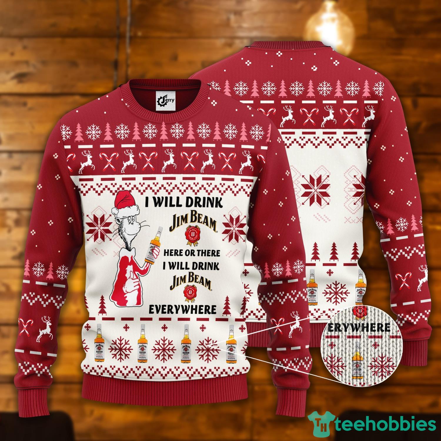 Dr. Seuss I Will Drink Jim Beam Here Or There Ugly Christmas Sweater Product Photo 1