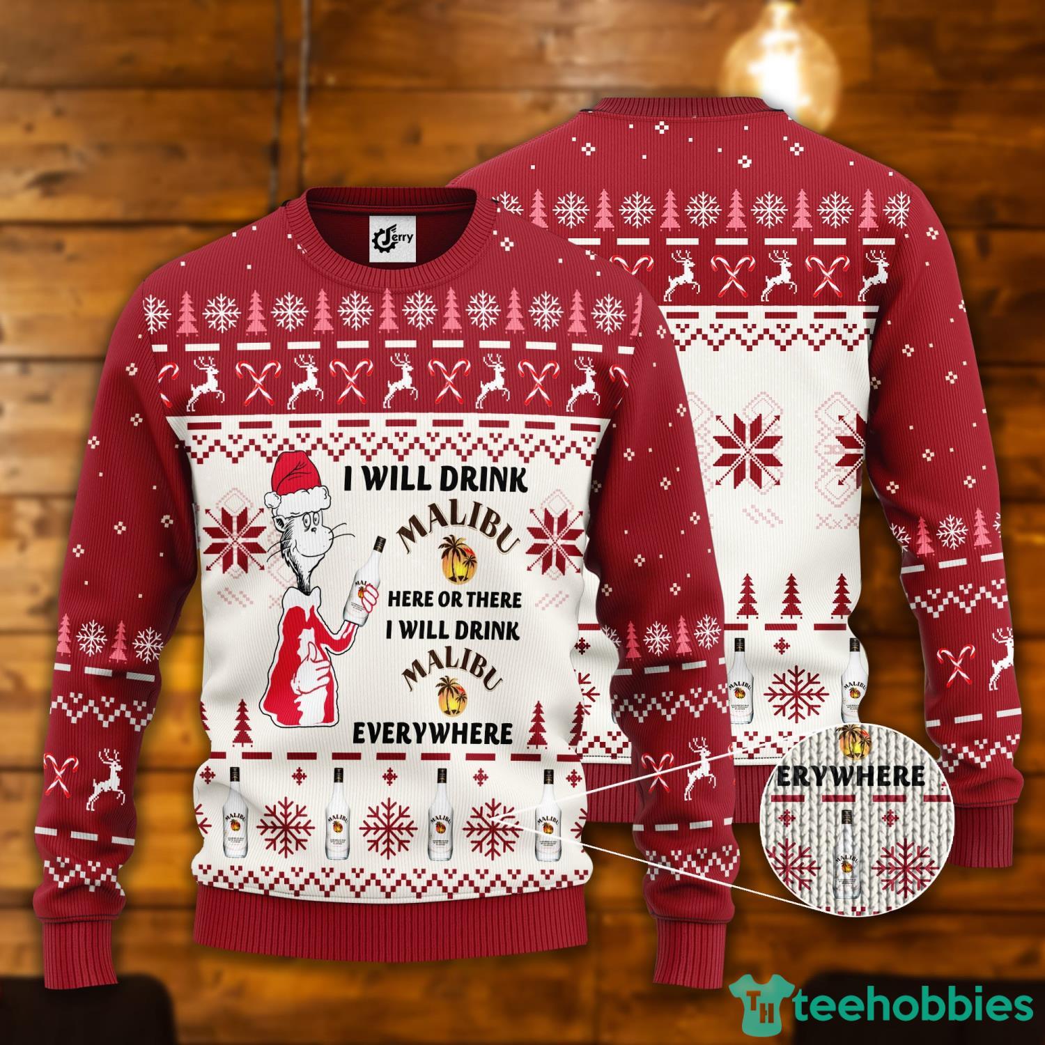 Dr. Seuss I Will Drink Malibu Rum Here Or There Ugly Christmas Sweater Product Photo 1