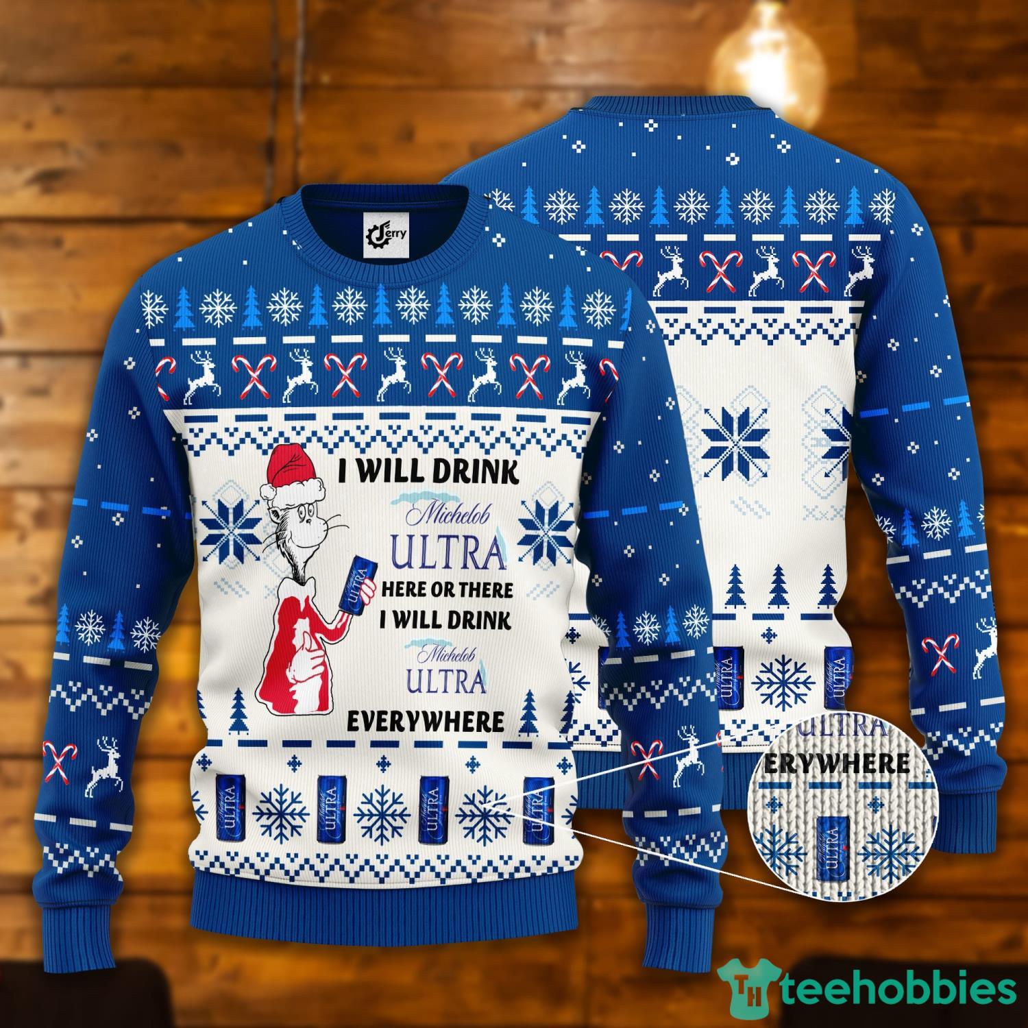 Dr. Seuss I Will Drink Michelob Ultra Here Or There Ugly Christmas Sweater Product Photo 1
