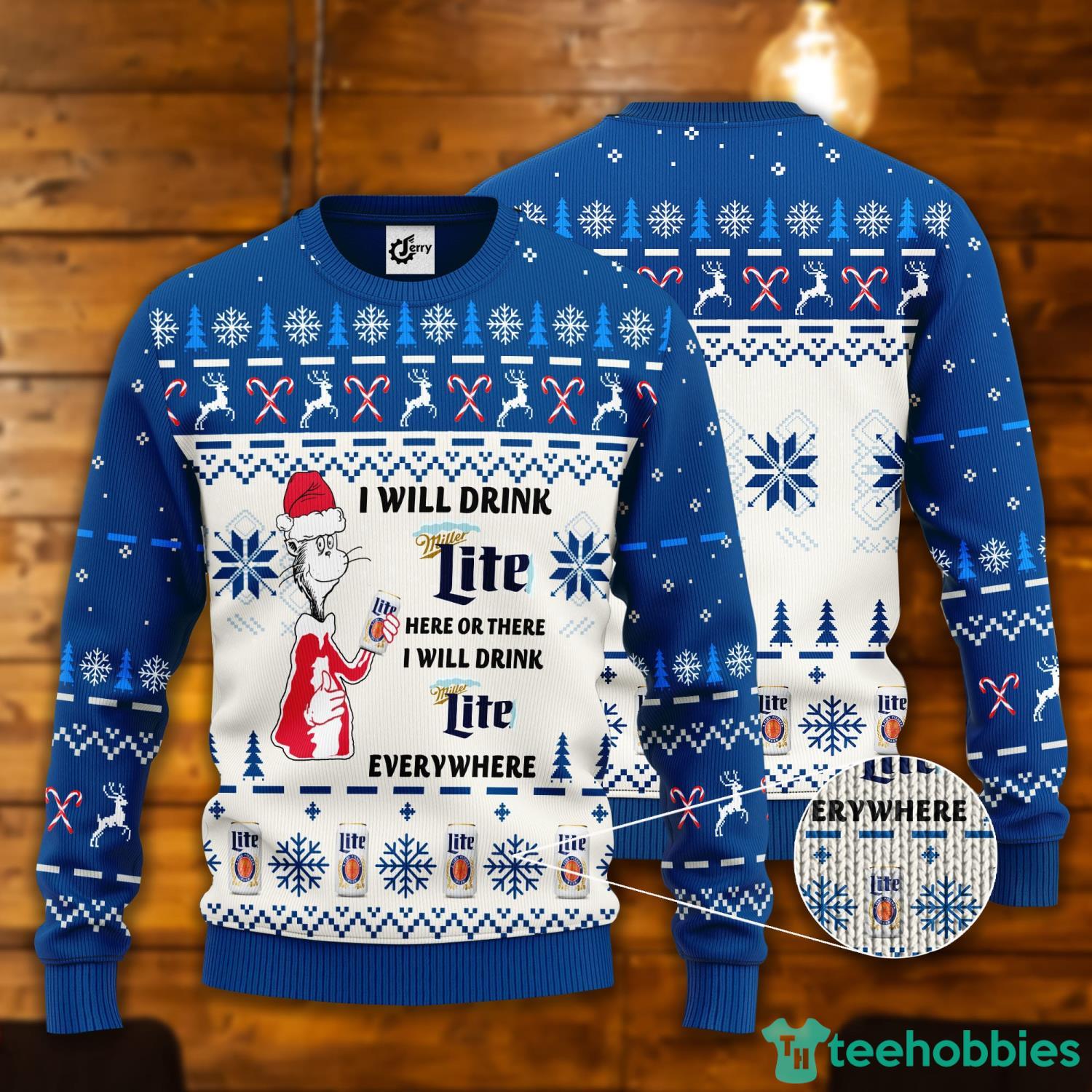 Dr. Seuss I Will Drink Miller Lite Here Or There Ugly Christmas Sweater Product Photo 1