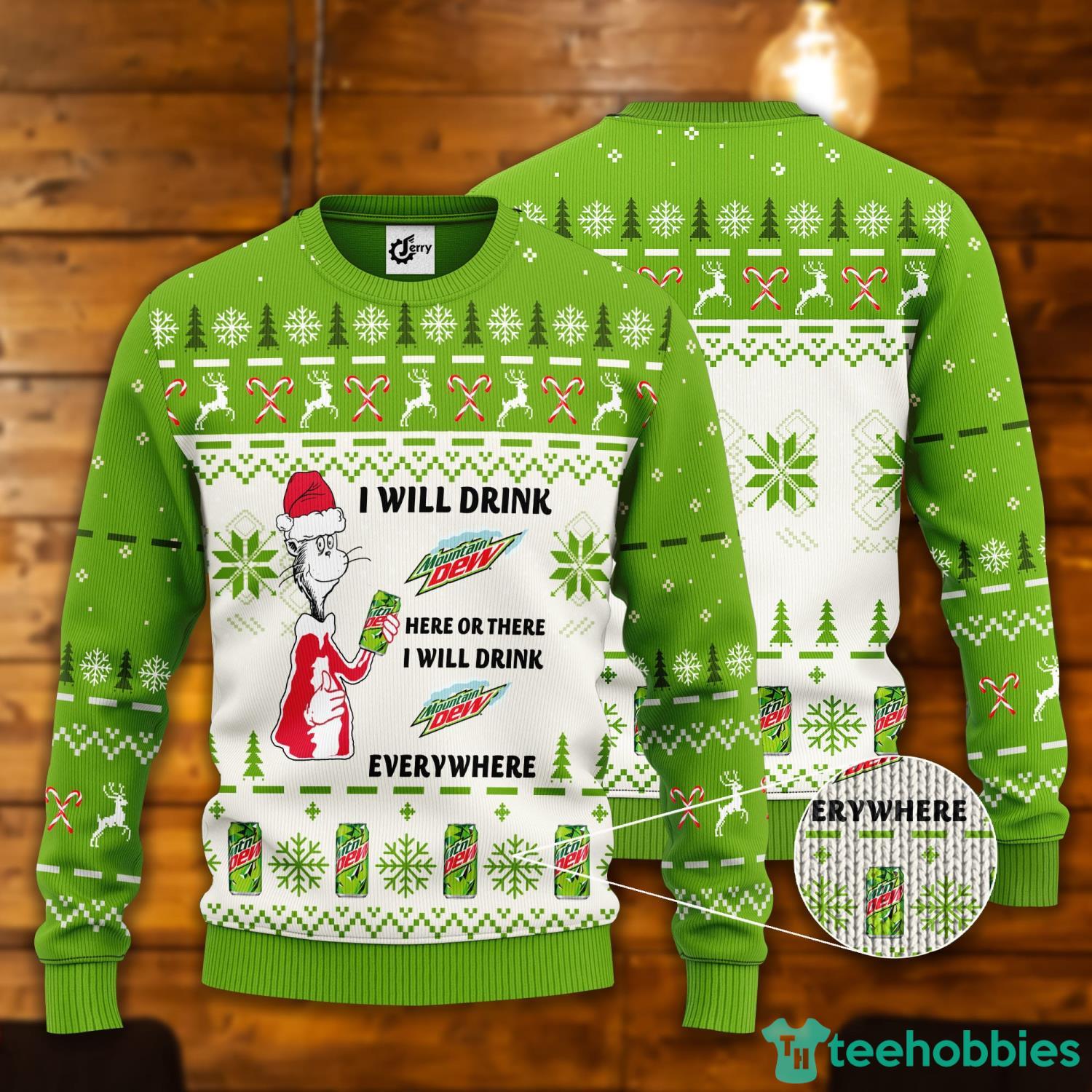 Dr. Seuss I Will Drink Mountain Dew Here Or There Ugly Christmas Sweater Product Photo 1