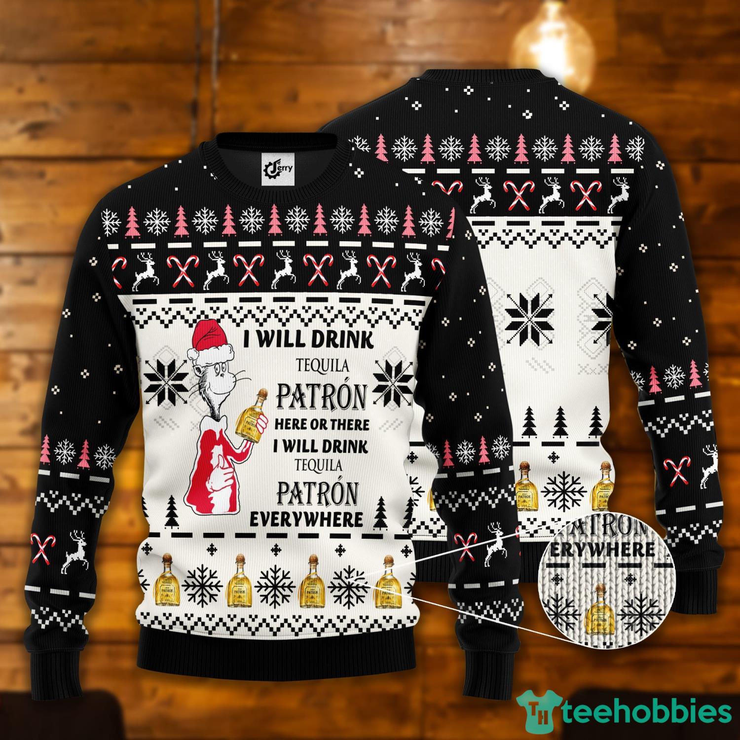 Dr. Seuss I Will Drink Patr’N Here Or There Ugly Christmas Sweater Product Photo 1