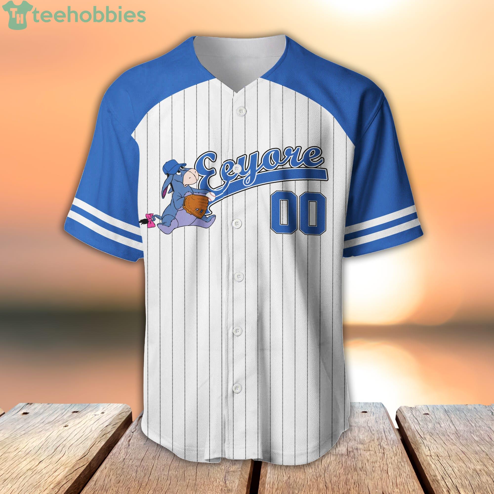 Eeyore Donkey Striped Blue White Cartoon Custom Name & Number Baseball  Jersey Shirt