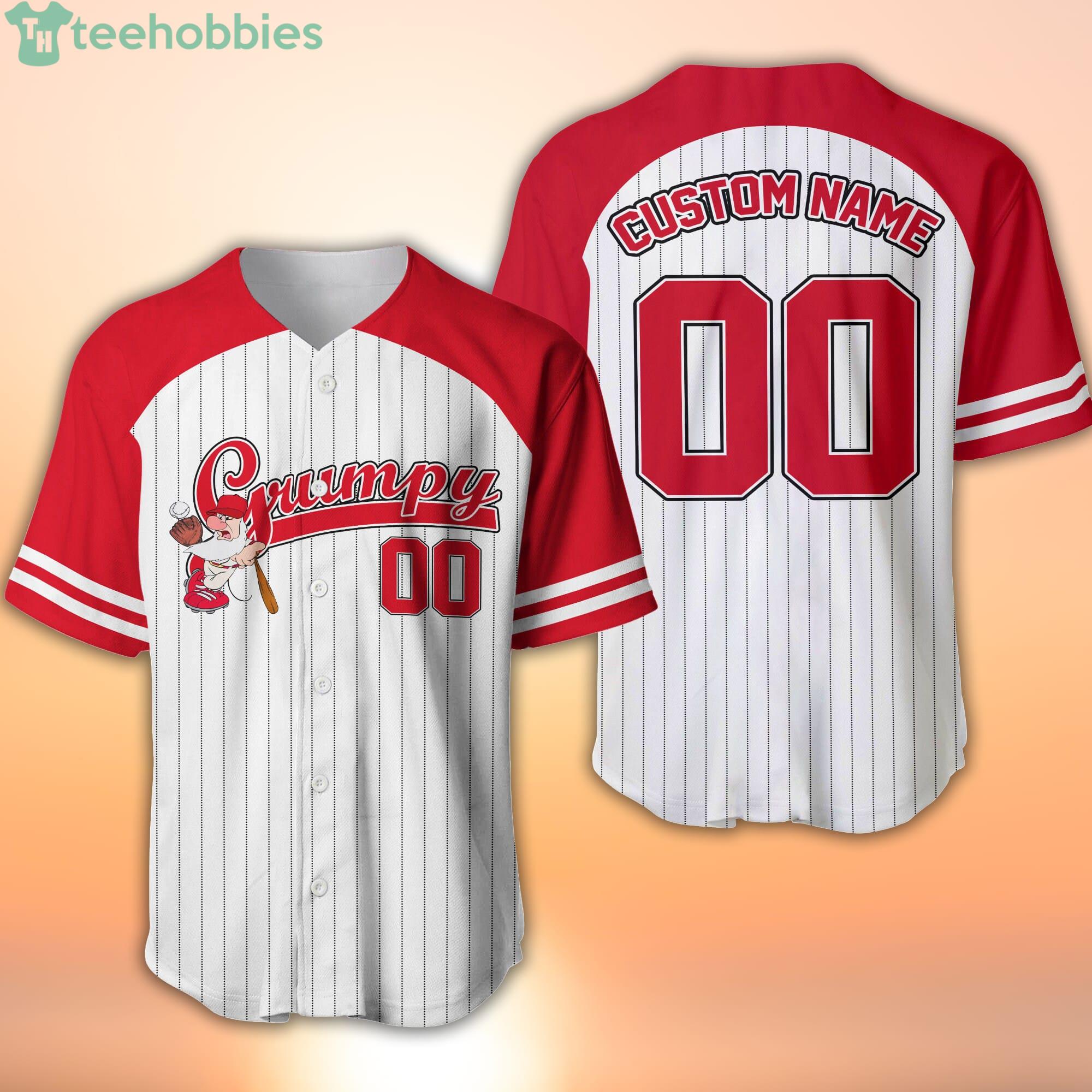 Grumpy Dwarf Striped Red White Cartoon Custom Name & Number Baseball Jersey  Shirt
