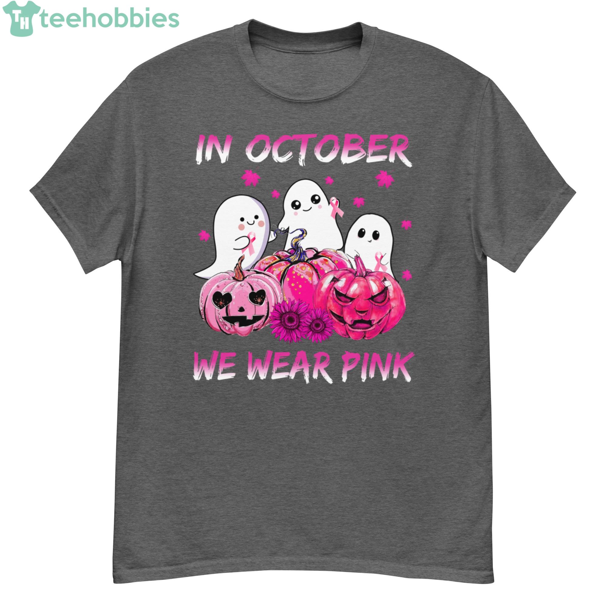 In October We Wear Pink Ghosts And Pumpkins Halloween Breast Cancer Shirt Product Photo 1