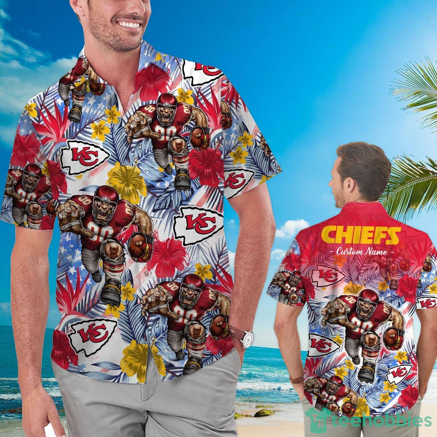 Kansas City Chiefs Tropical Floral America Flag Custom Name Hawaiian Shirt Product Photo 1