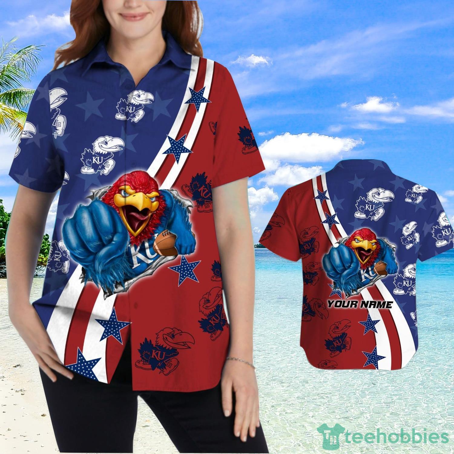 Kansas Jayhawks American Flag Custom Name Hawaiian Shirt Product Photo 2