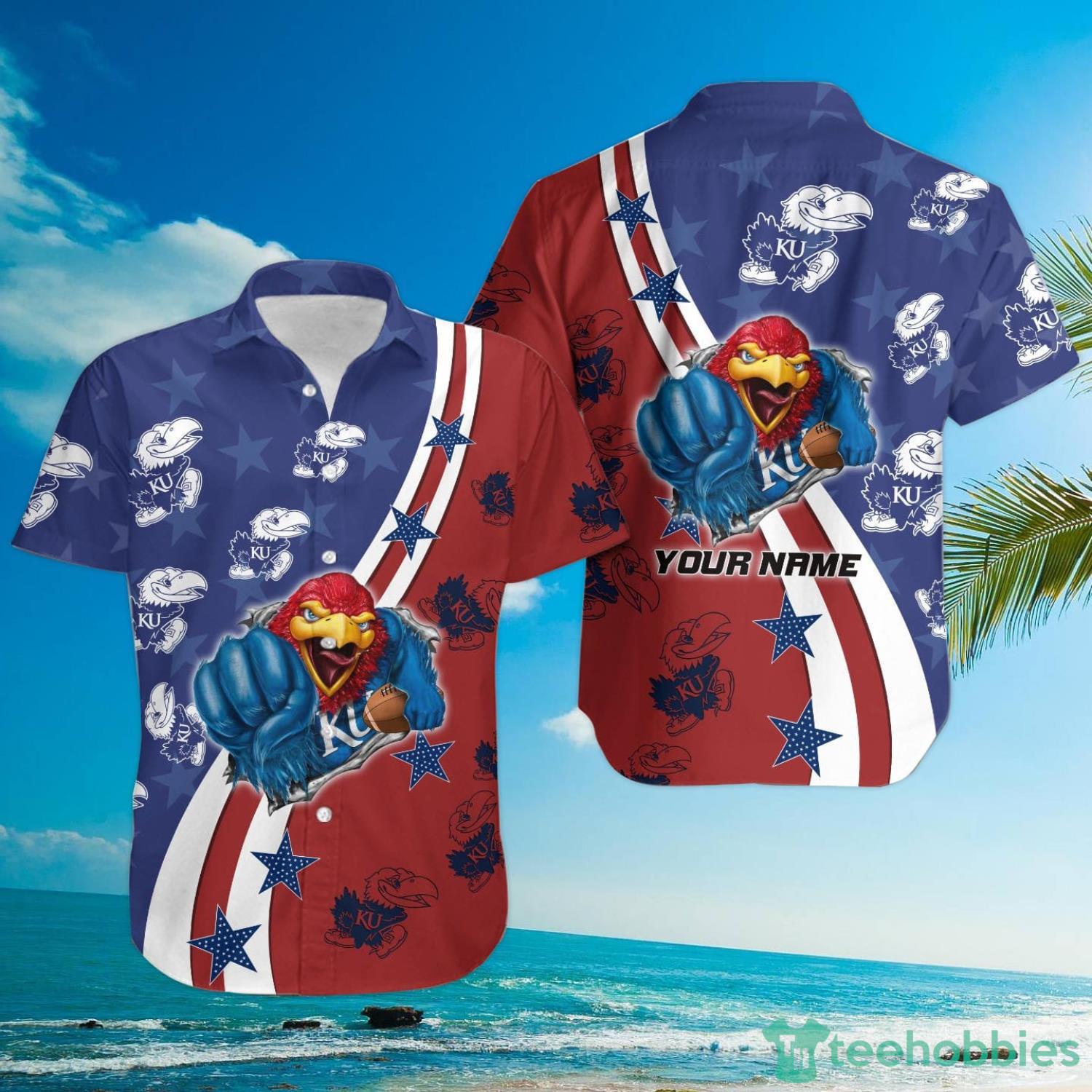 Kansas Jayhawks American Flag Custom Name Hawaiian Shirt Product Photo 3