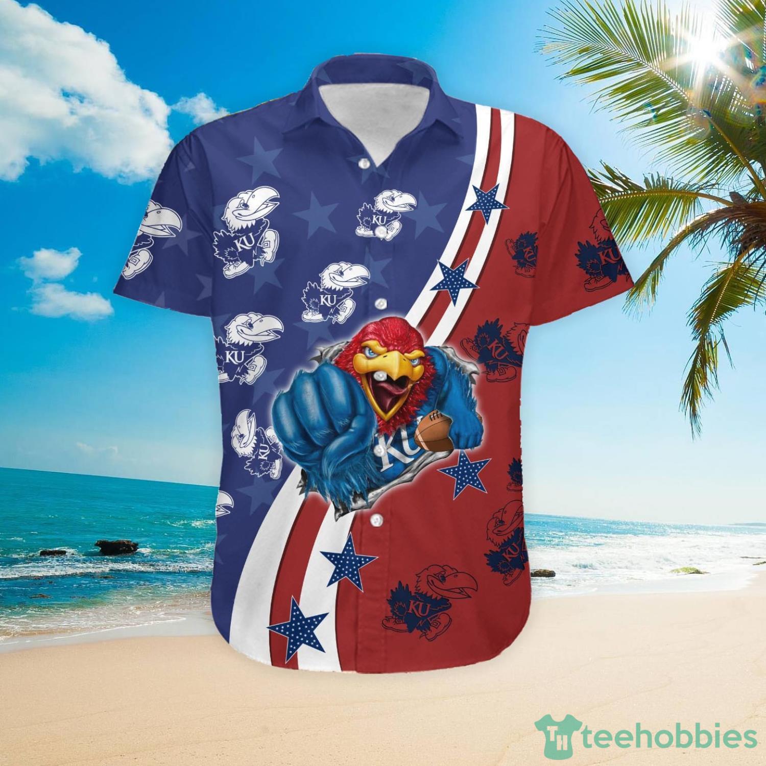 Kansas Jayhawks American Flag Custom Name Hawaiian Shirt Product Photo 4