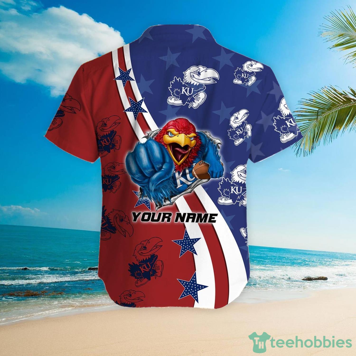 Kansas Jayhawks American Flag Custom Name Hawaiian Shirt Product Photo 5