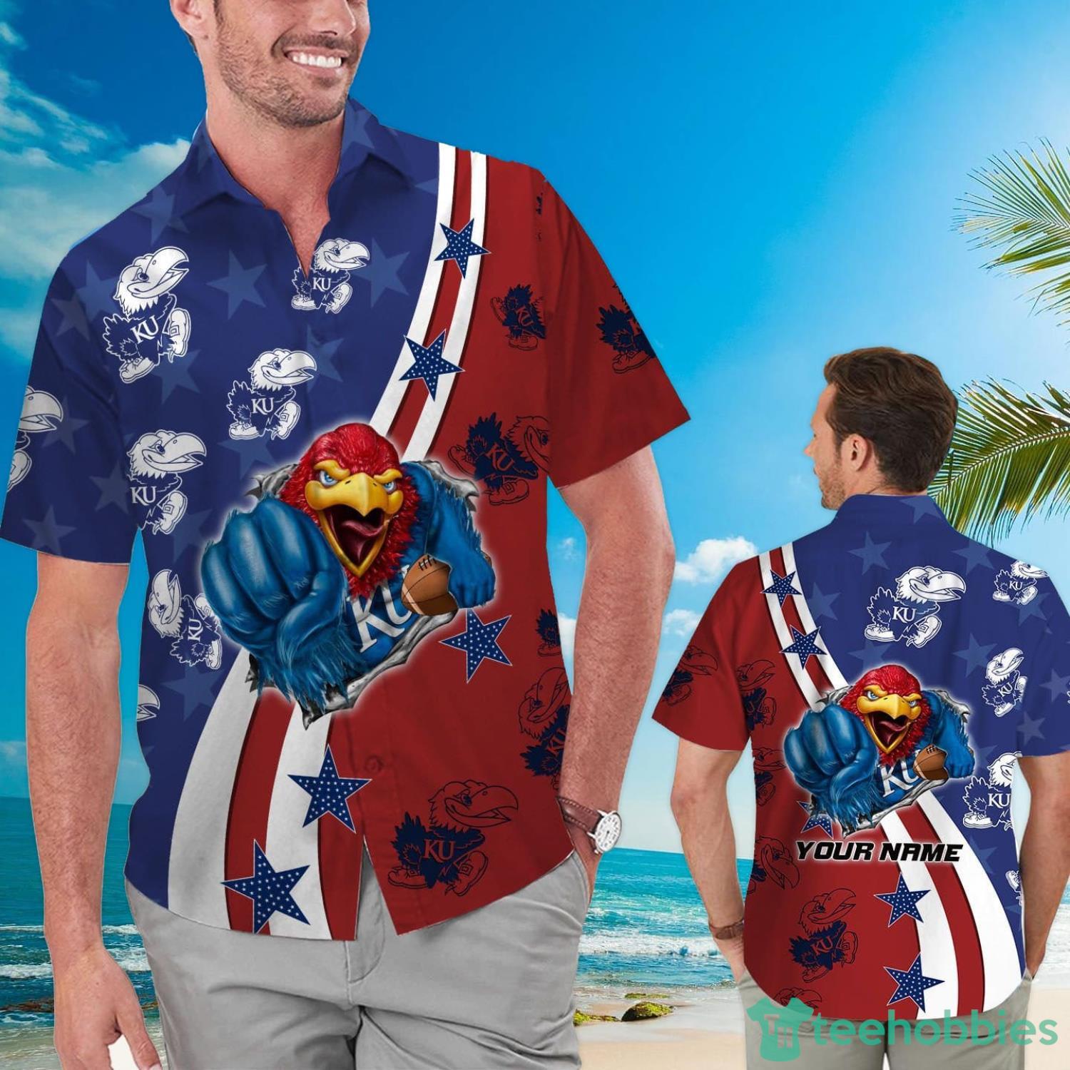 Kansas Jayhawks American Flag Custom Name Hawaiian Shirt Product Photo 1