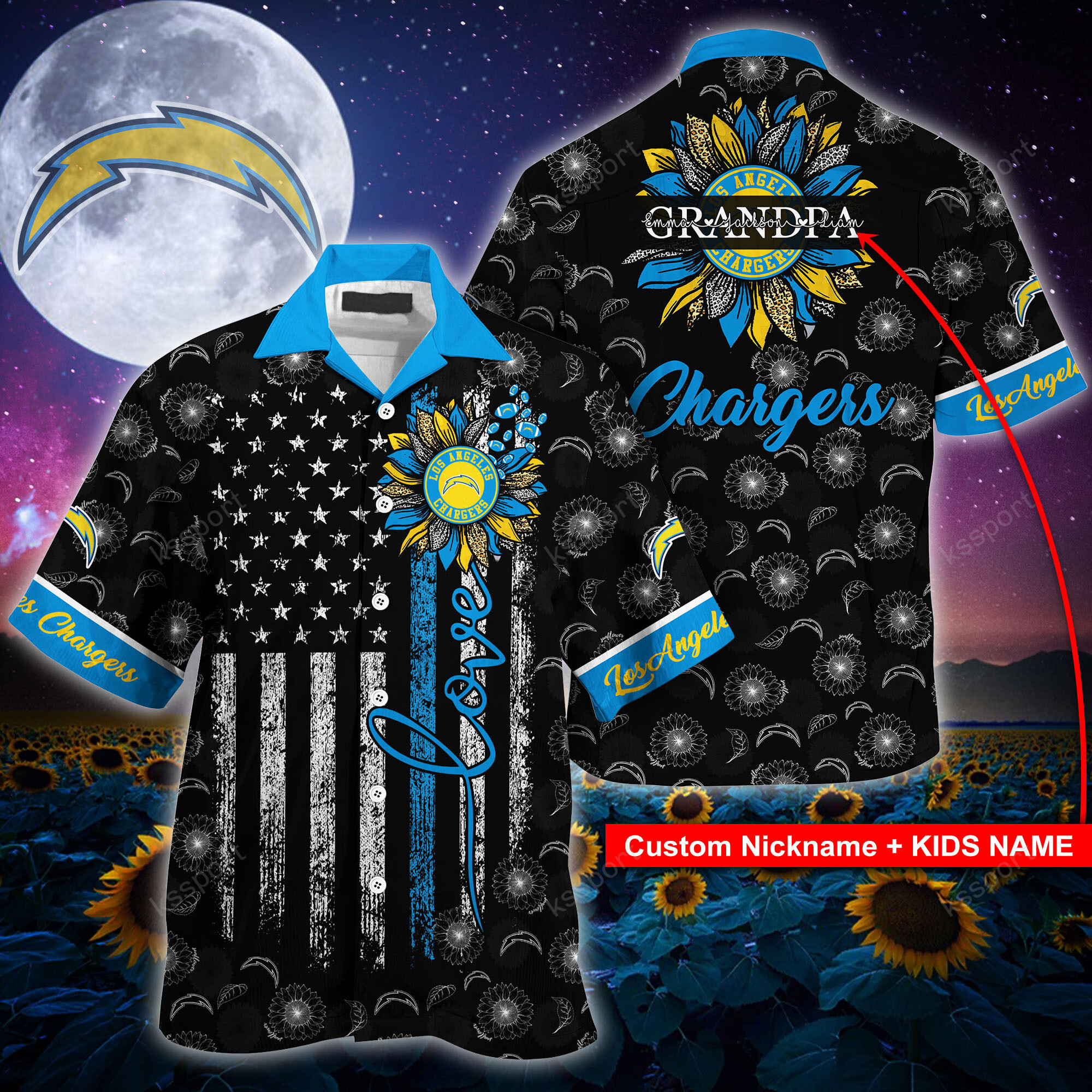 Los Angeles Chargers NFL Custom Name Sunflowers And American Flag Hawaiian Shirt Product Photo 1