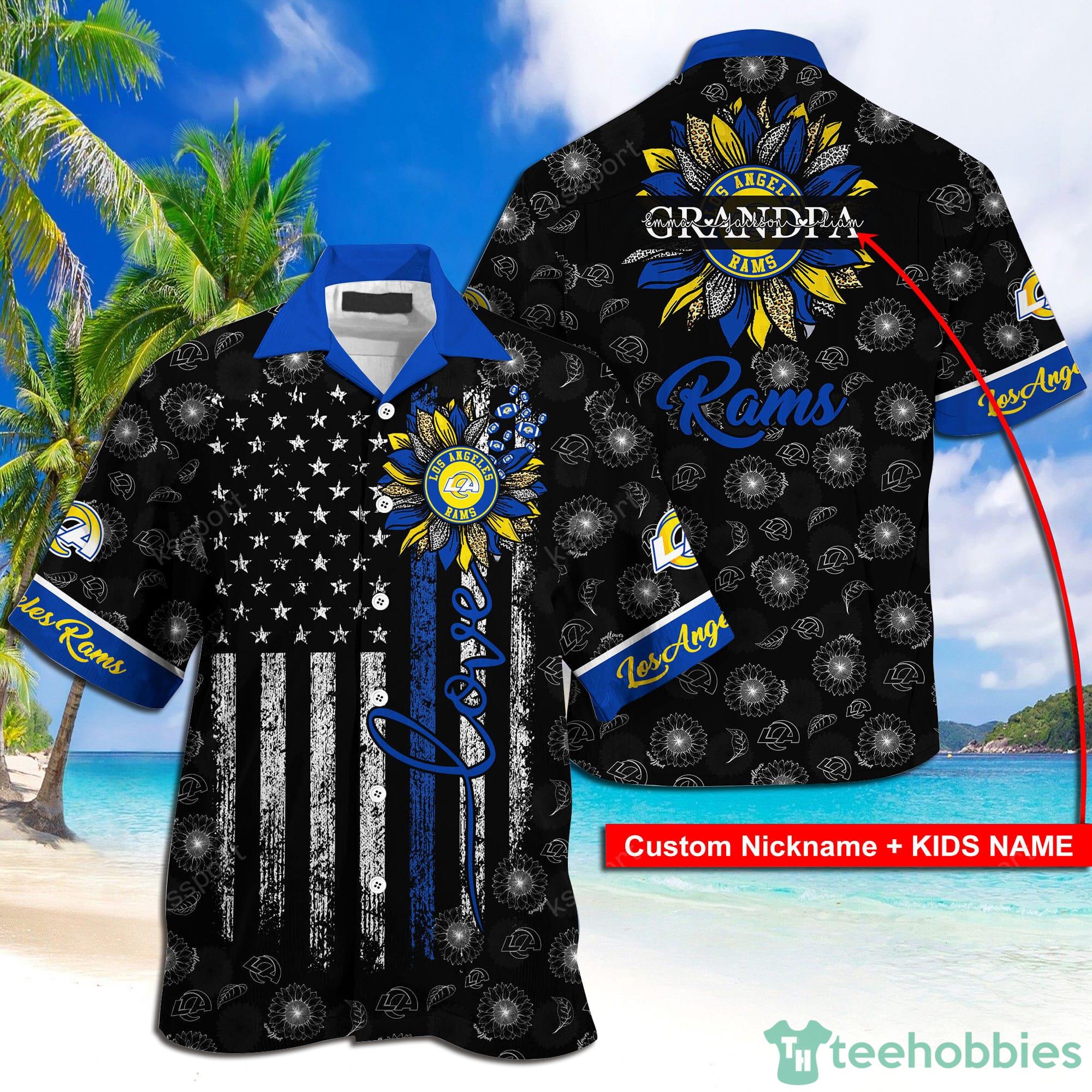 Los Angeles Rams NFL Custom Name Sunflowers And American Flag Hawaiian Shirt Product Photo 1