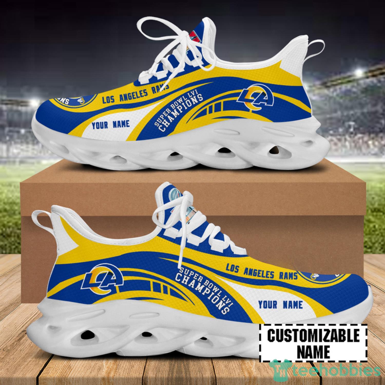 Los Angeles Rams Super Bowl LVI Champions Custom Name Yellow Max Soul Sneakers Sport Shoes Product Photo 2