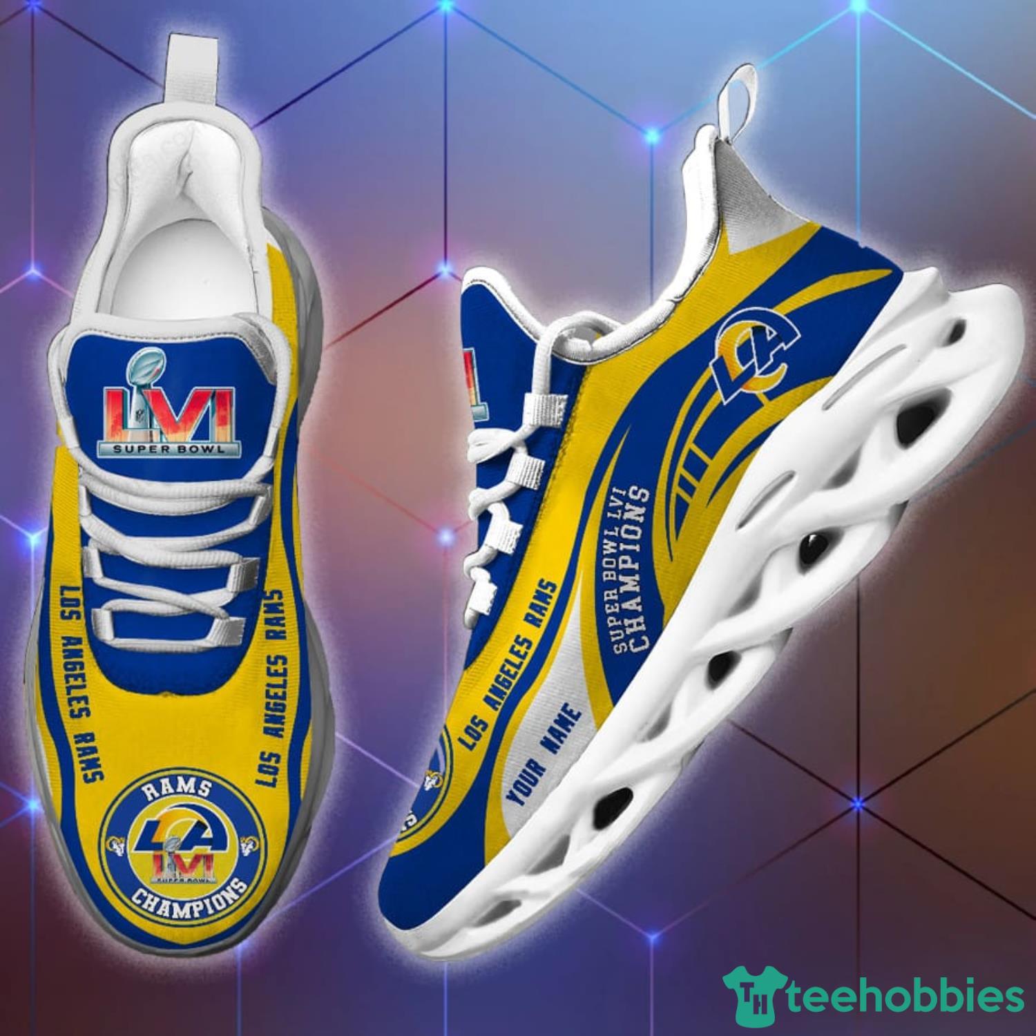 Los Angeles Rams Super Bowl LVI Champions Custom Name Yellow Max Soul Sneakers Sport Shoes Product Photo 1