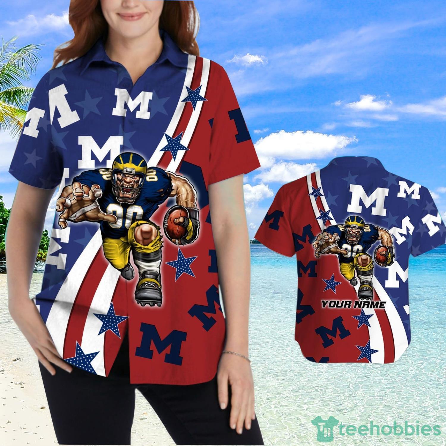 Michigan Wolverines American Flag Custom Name Hawaiian Shirt Product Photo 2