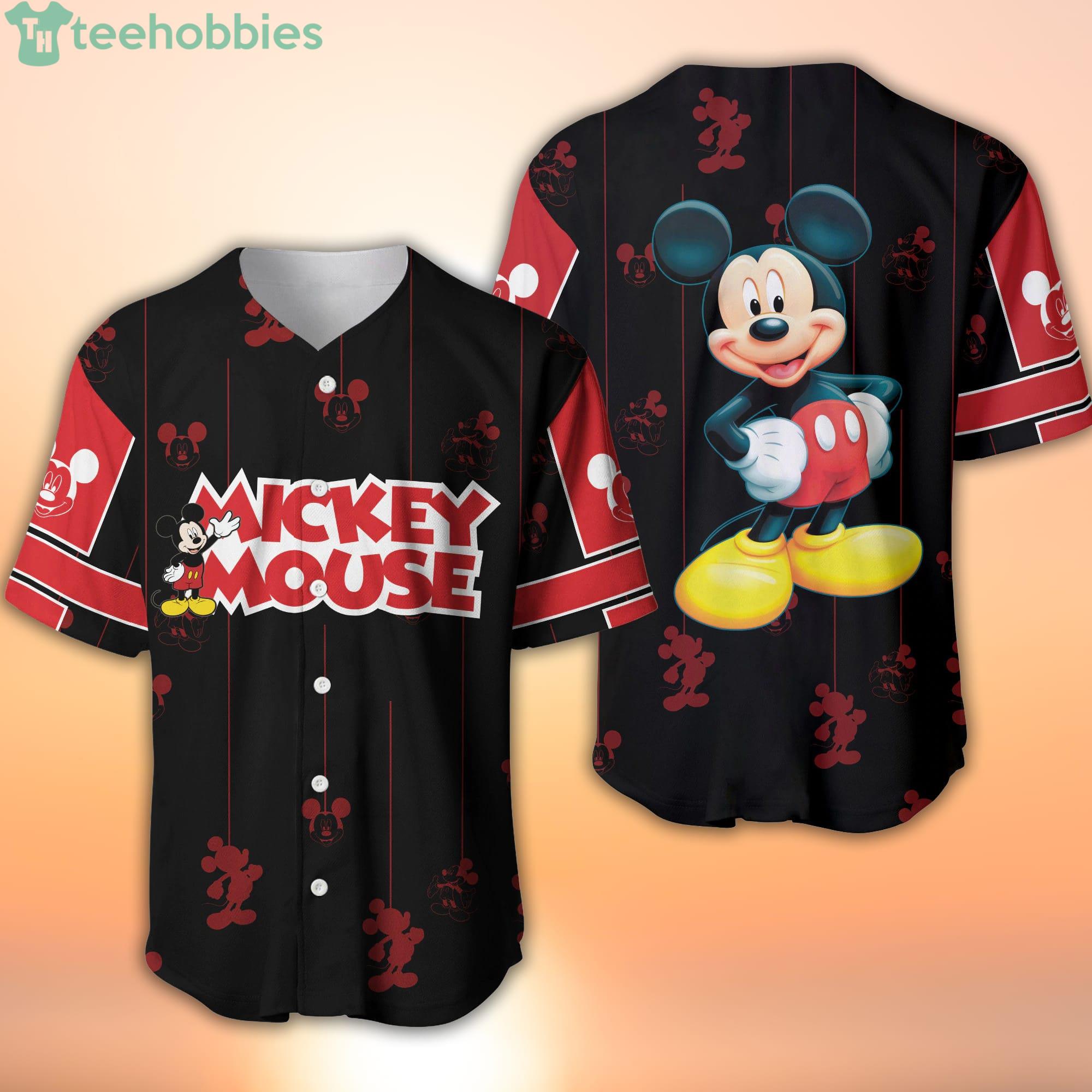 Mickey Mouse Black Red Stripes Patterns Walt Disney Cartoon Baseball Jersey  Shirt