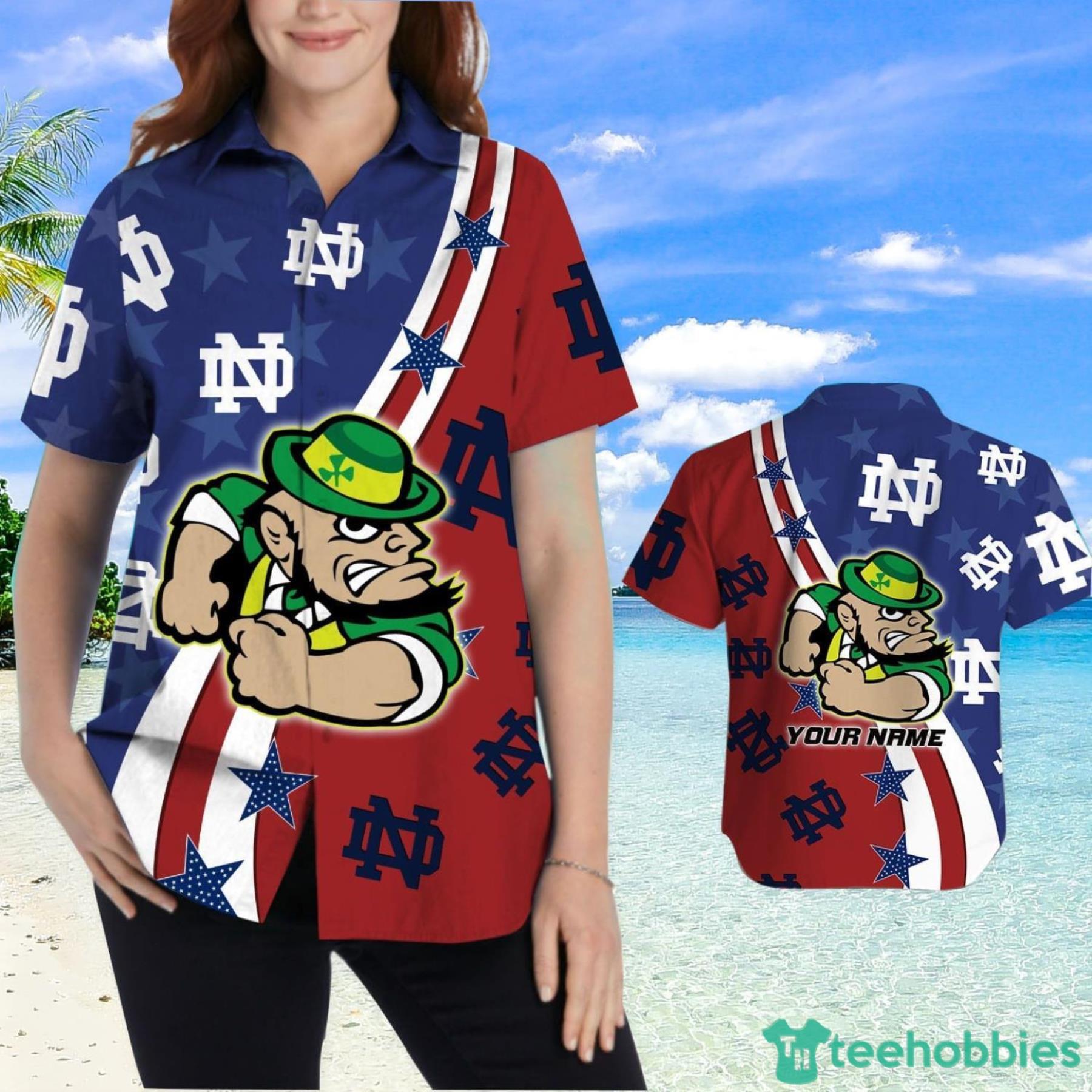 Notre Dame Fighting Irish American Flag Custom Name Hawaiian Shirt Product Photo 2