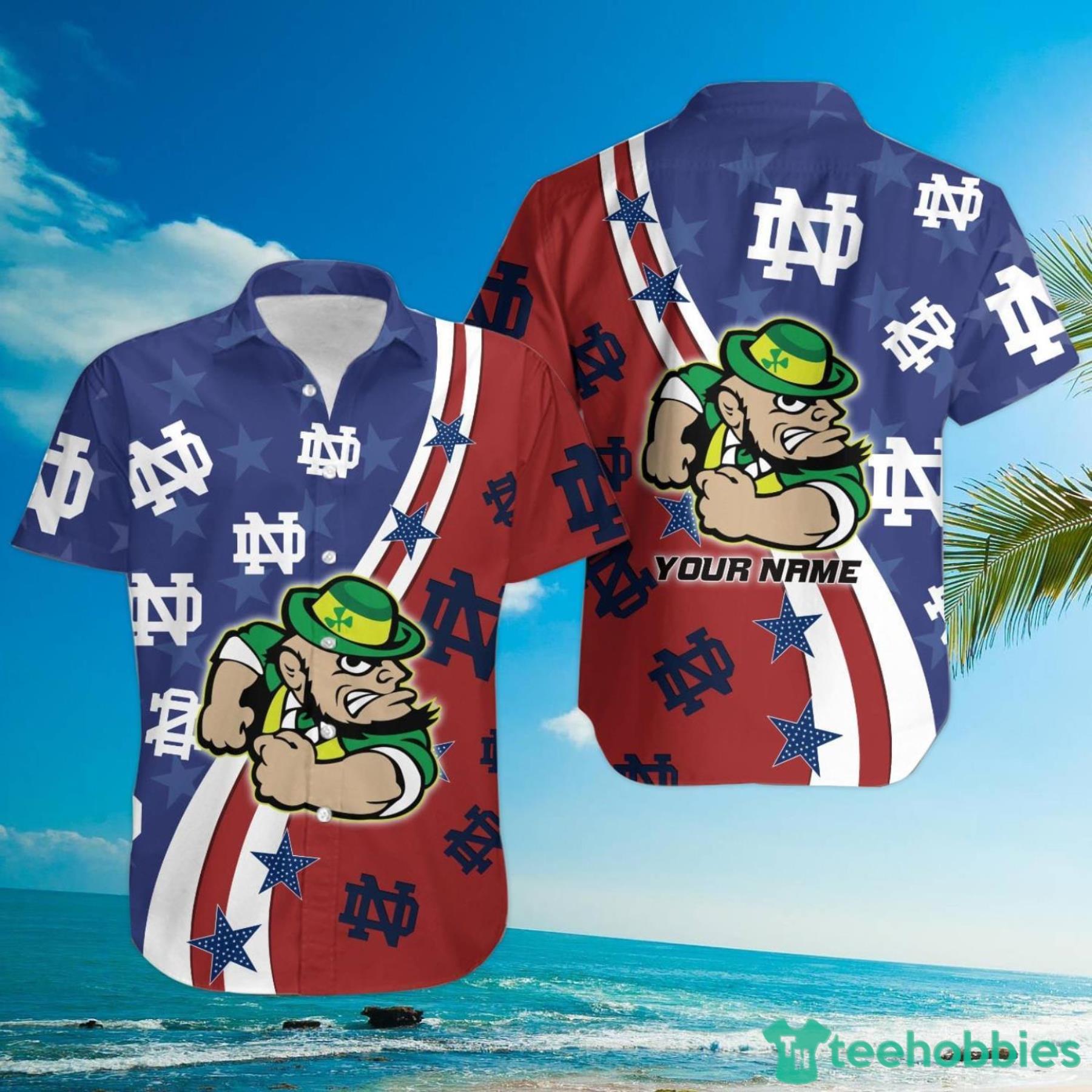 Notre Dame Fighting Irish American Flag Custom Name Hawaiian Shirt Product Photo 3