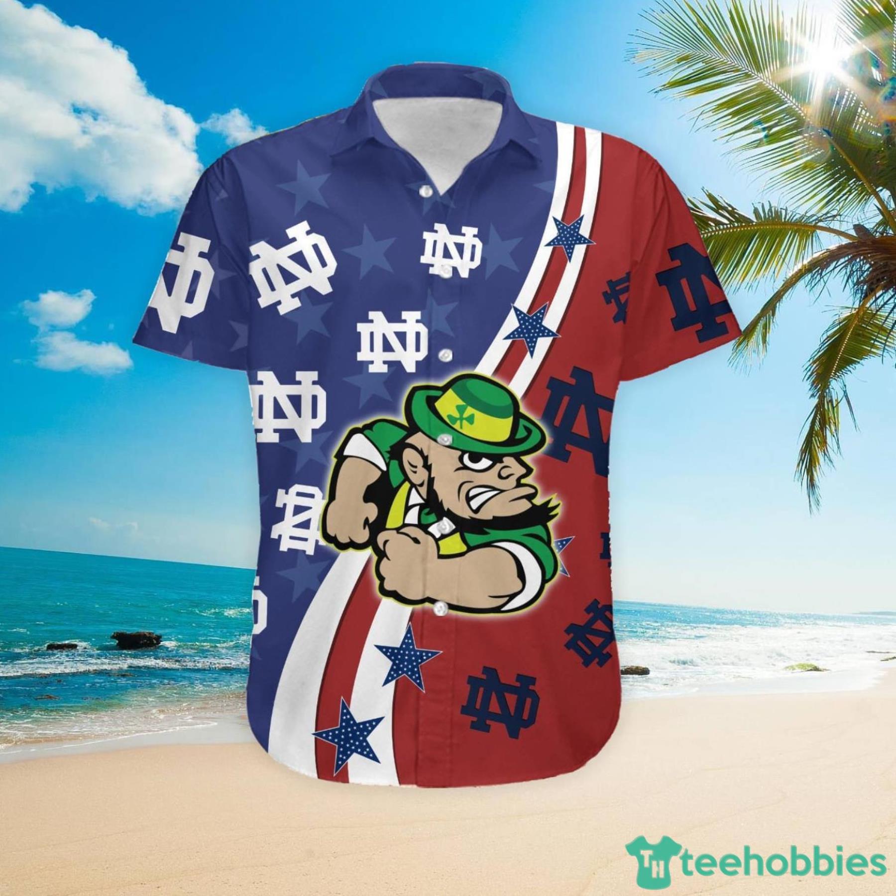 Notre Dame Fighting Irish American Flag Custom Name Hawaiian Shirt Product Photo 4