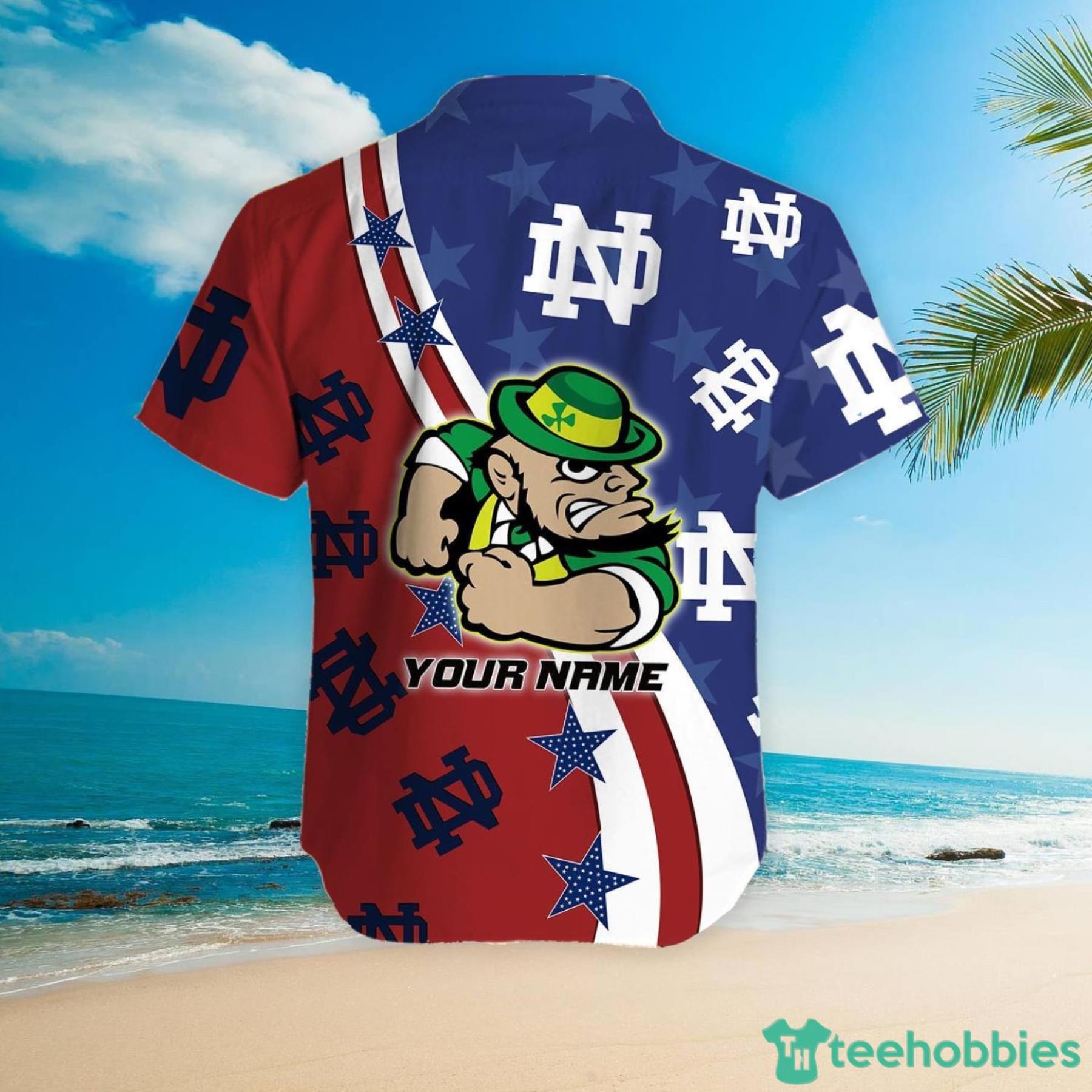 Notre Dame Fighting Irish American Flag Custom Name Hawaiian Shirt Product Photo 5