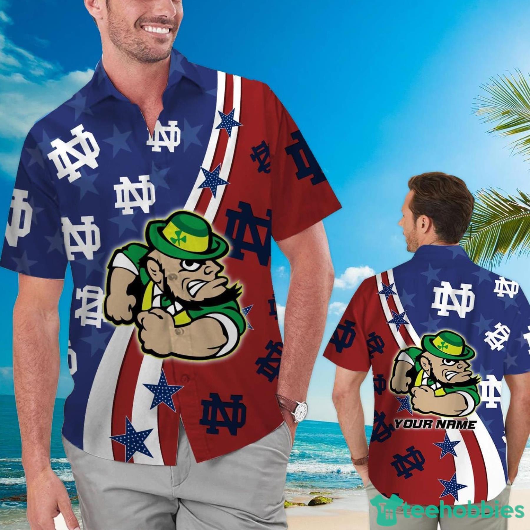 Notre Dame Fighting Irish American Flag Custom Name Hawaiian Shirt Product Photo 1