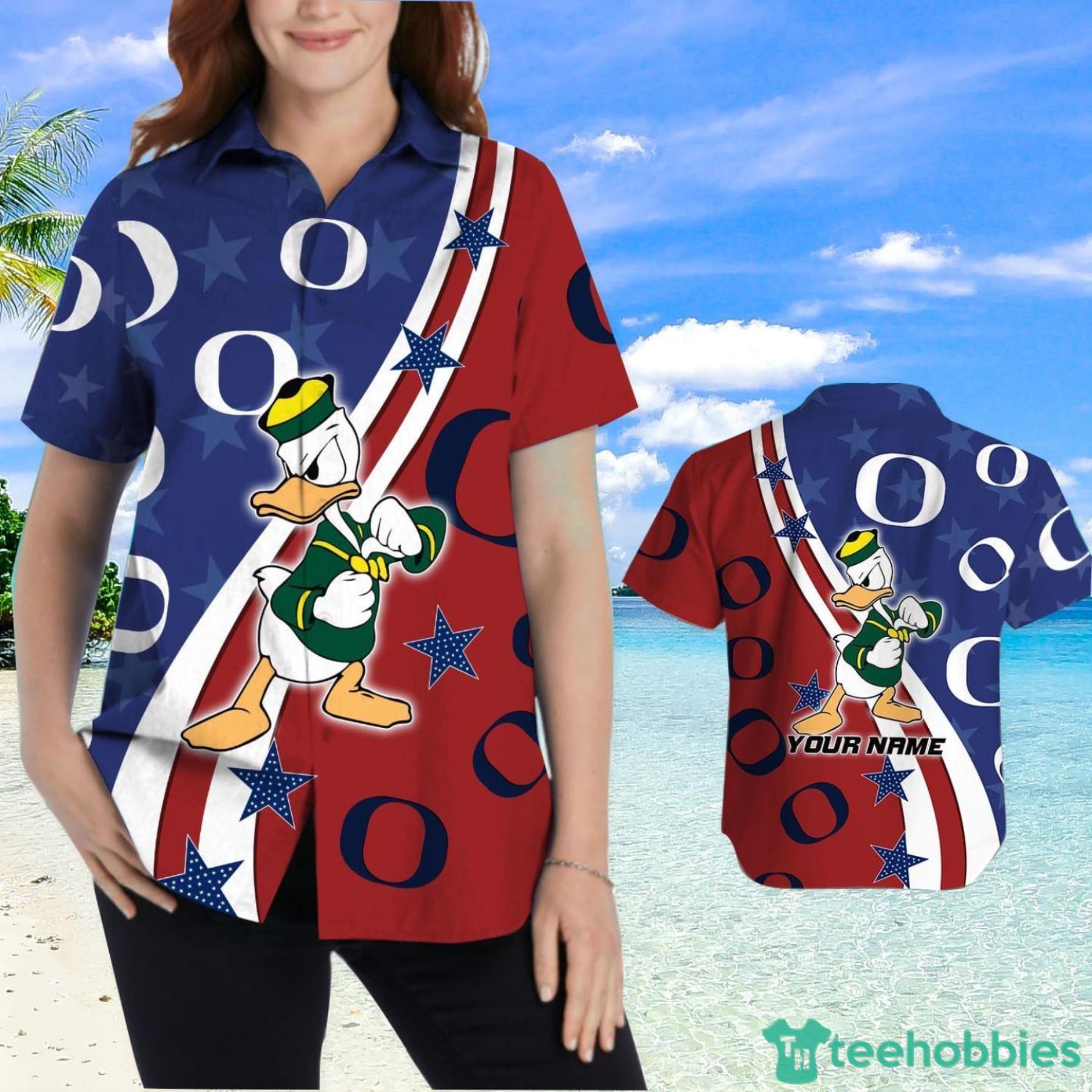 Oregon Ducks American Flag Custom Name Hawaiian Shirt Product Photo 2