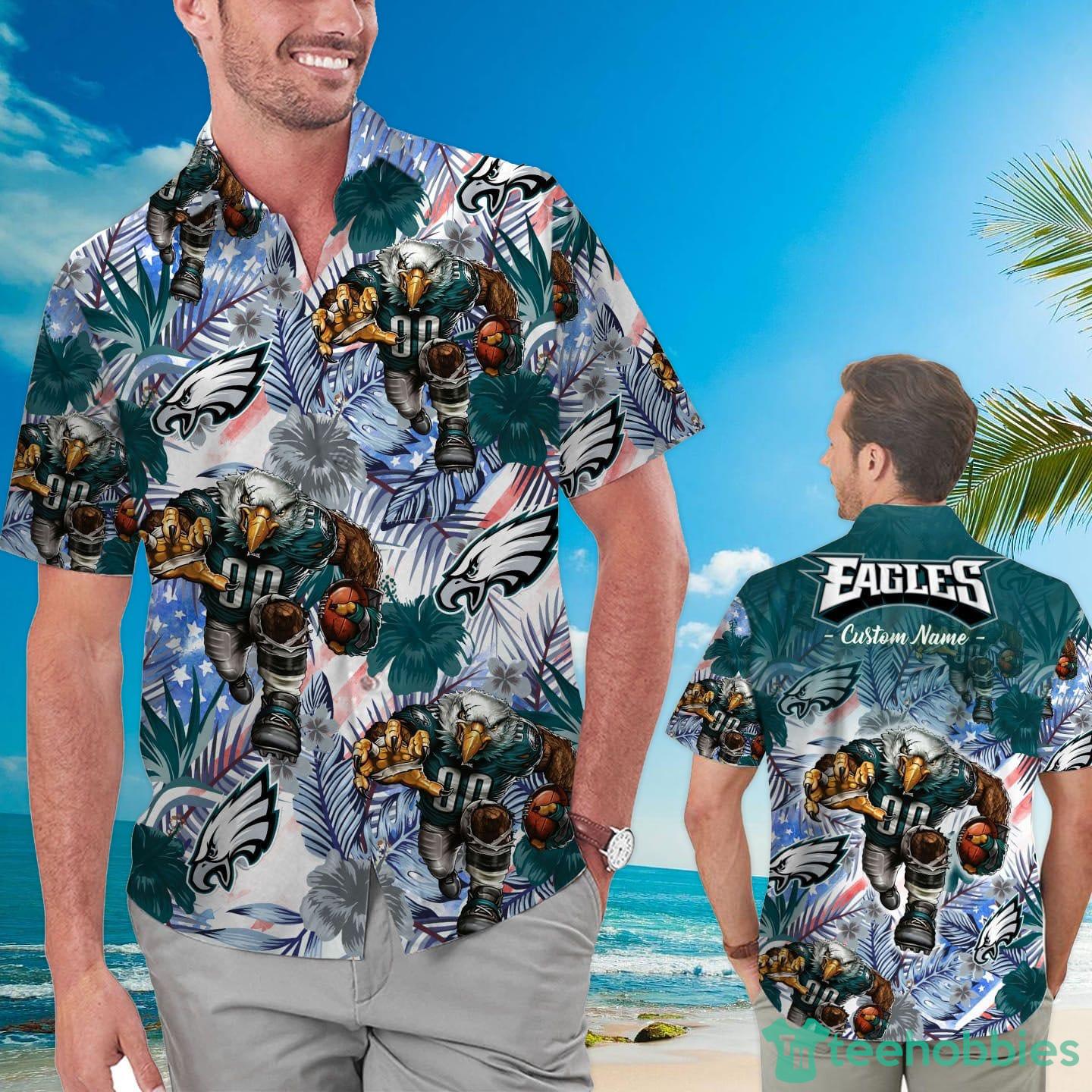 Philadelphia Eagles Tropical Floral America Flag Custom Name Hawaiian Shirt Product Photo 1