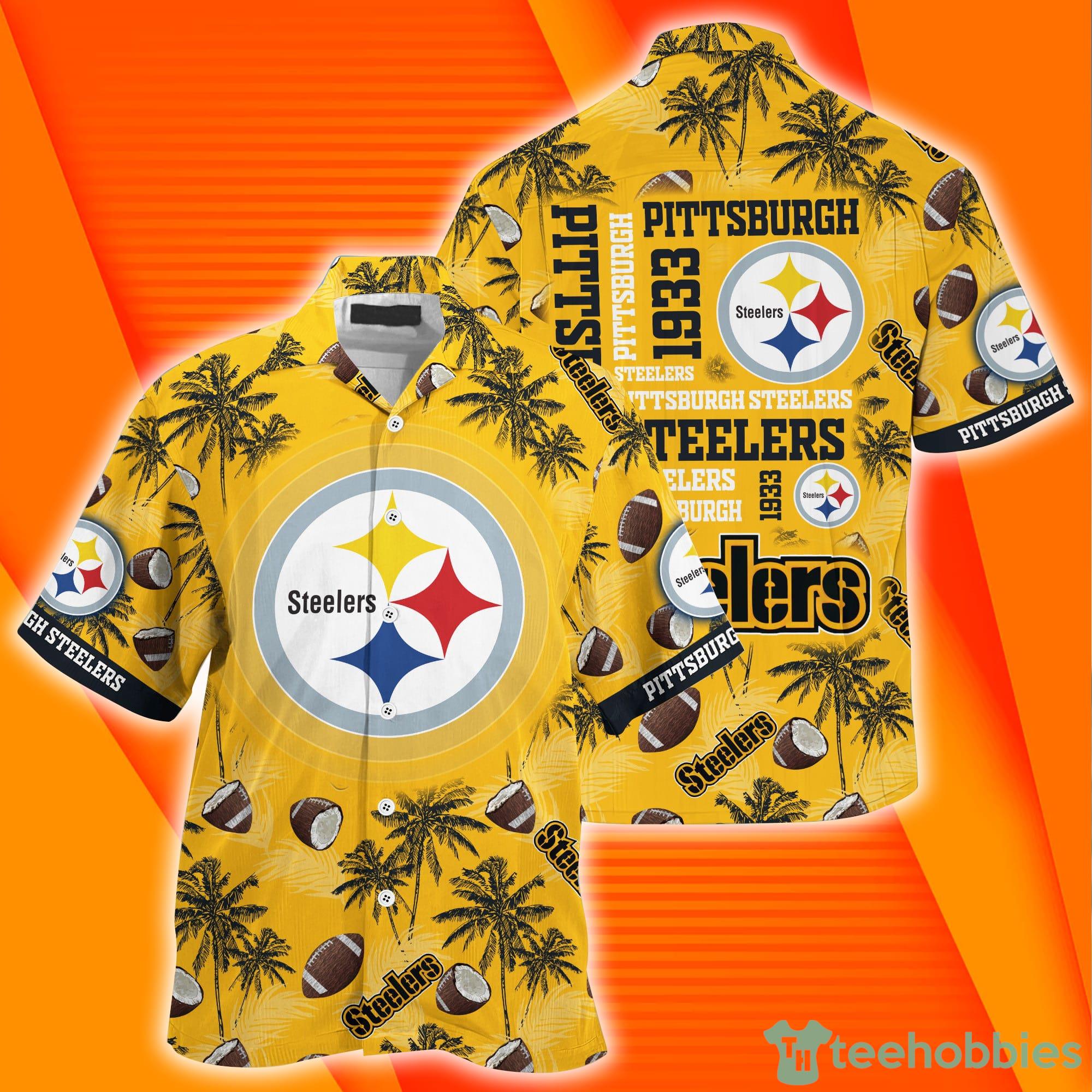 Pittsburgh Steelers NFL Palm Trees Pattern Combo Hawaiian Shirt And Short Pants Product Photo 1