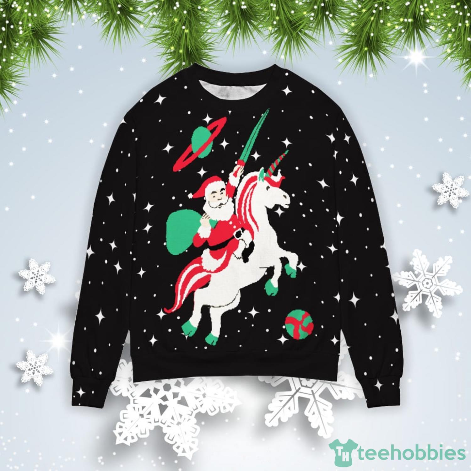 Santa Riding Unicorn In Space Christmas Gift Ugly Christmas Sweater Product Photo 1