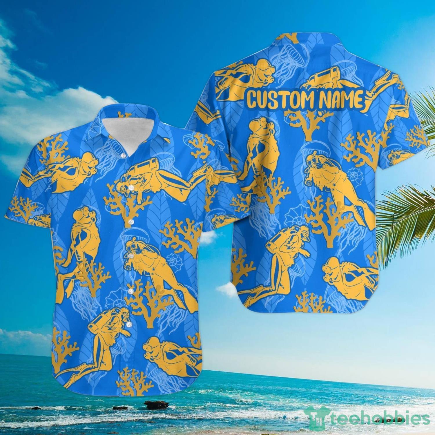 Scuba Diving Ocean Tropical Beach Coral Custom Name Women Aloha Button Up Hawaiian Shirts Product Photo 2