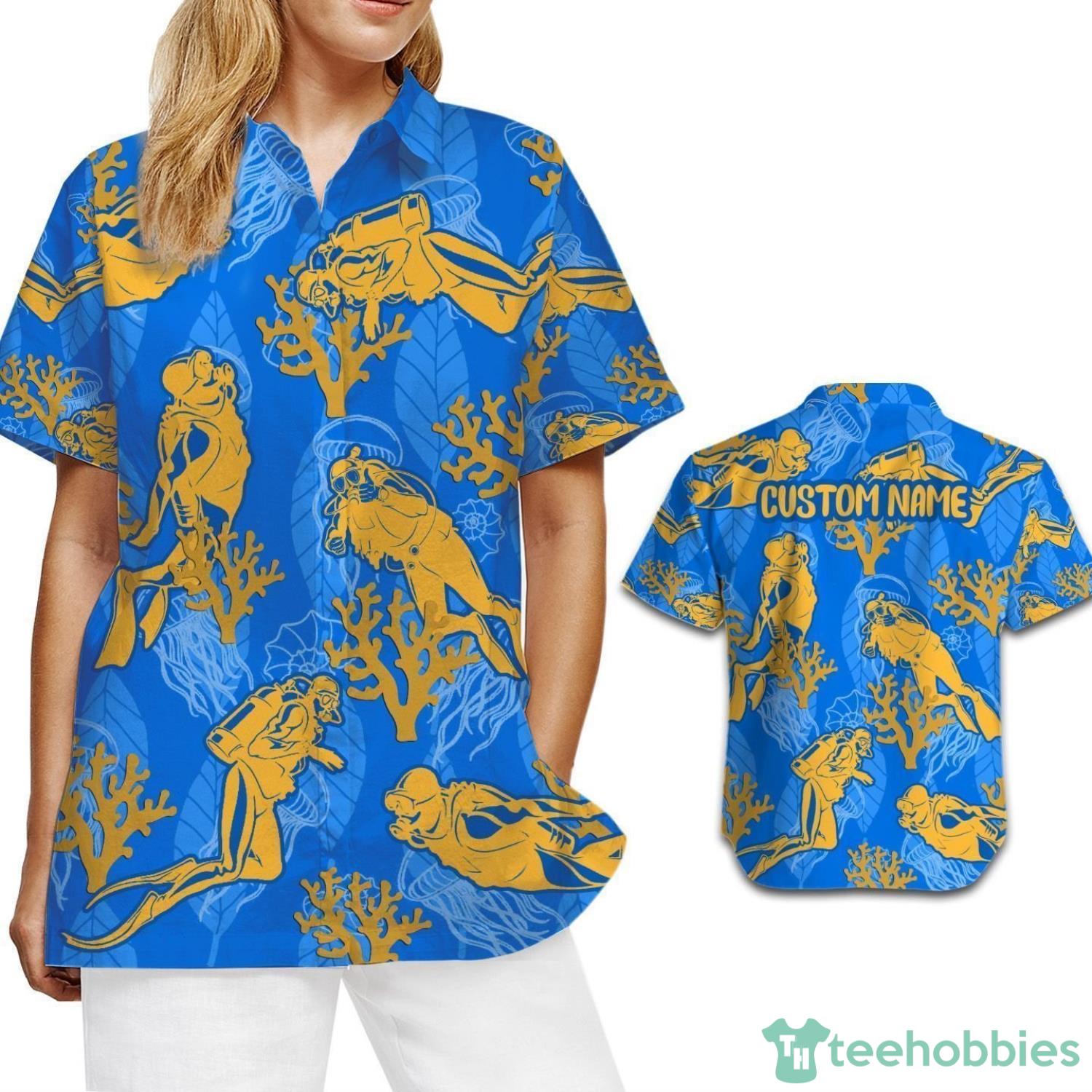 Scuba Diving Ocean Tropical Beach Coral Custom Name Women Aloha Button Up Hawaiian Shirts Product Photo 1