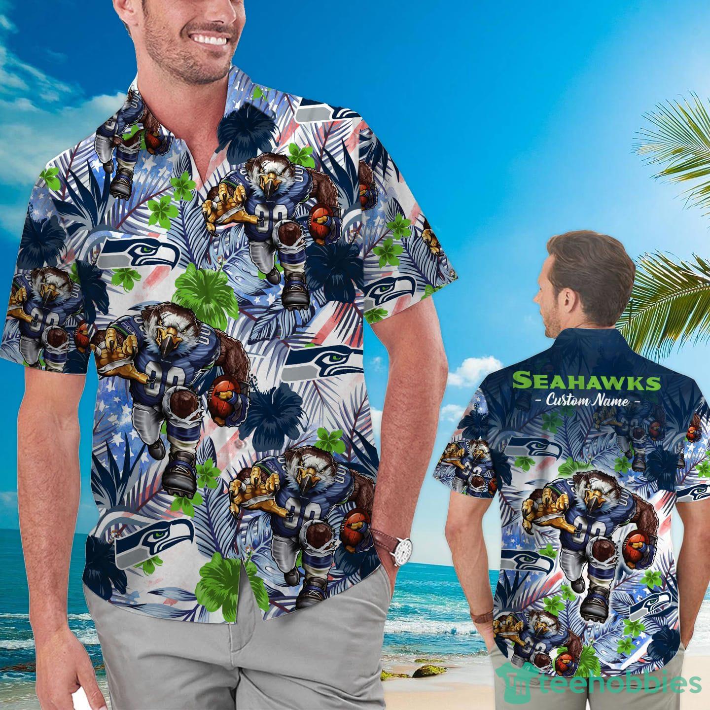 Seattle Seahawks Tropical Floral America Flag Custom Name Hawaiian Shirt Product Photo 1