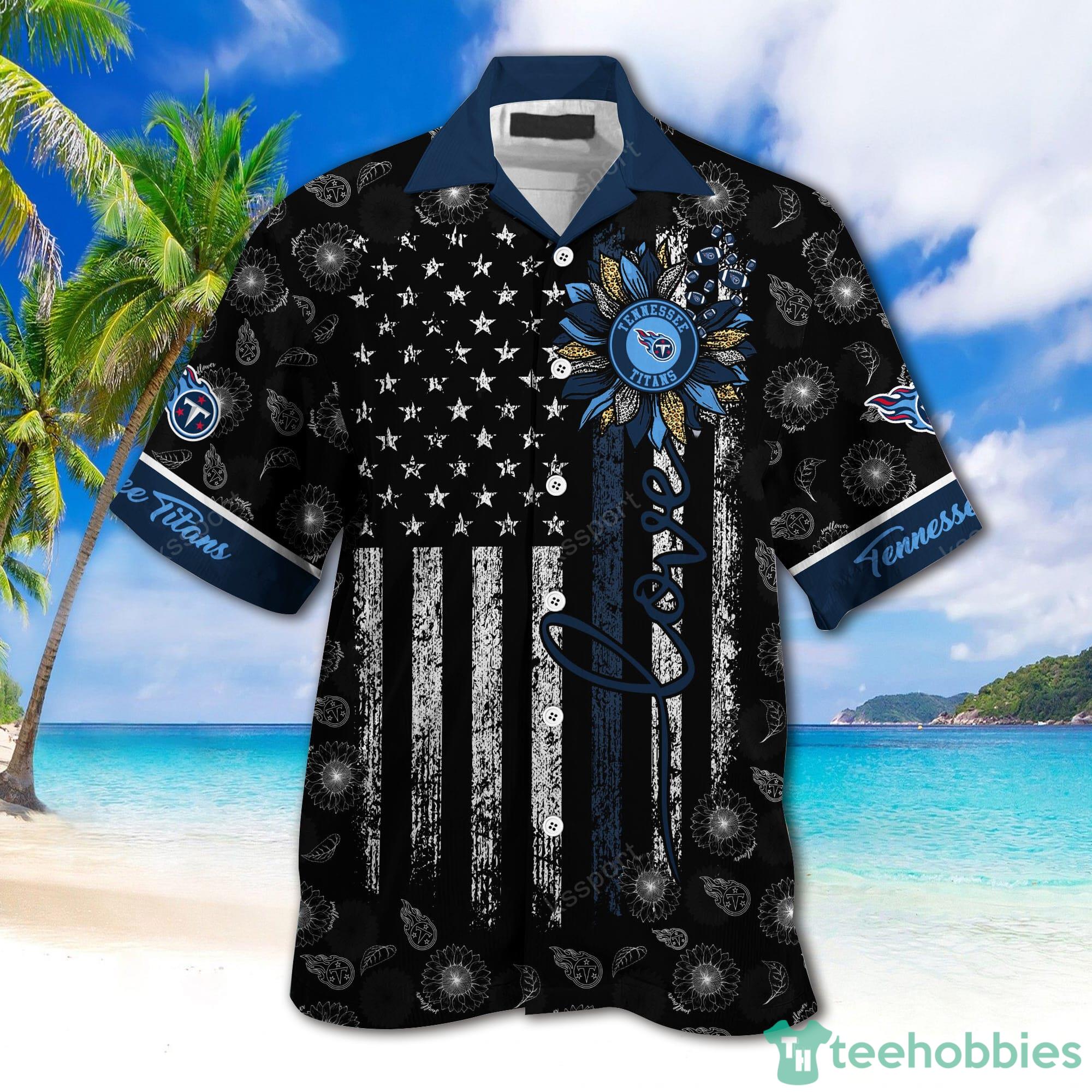 Tennessee Titans NFL Custom Name Sunflowers And American Flag Hawaiian Shirt