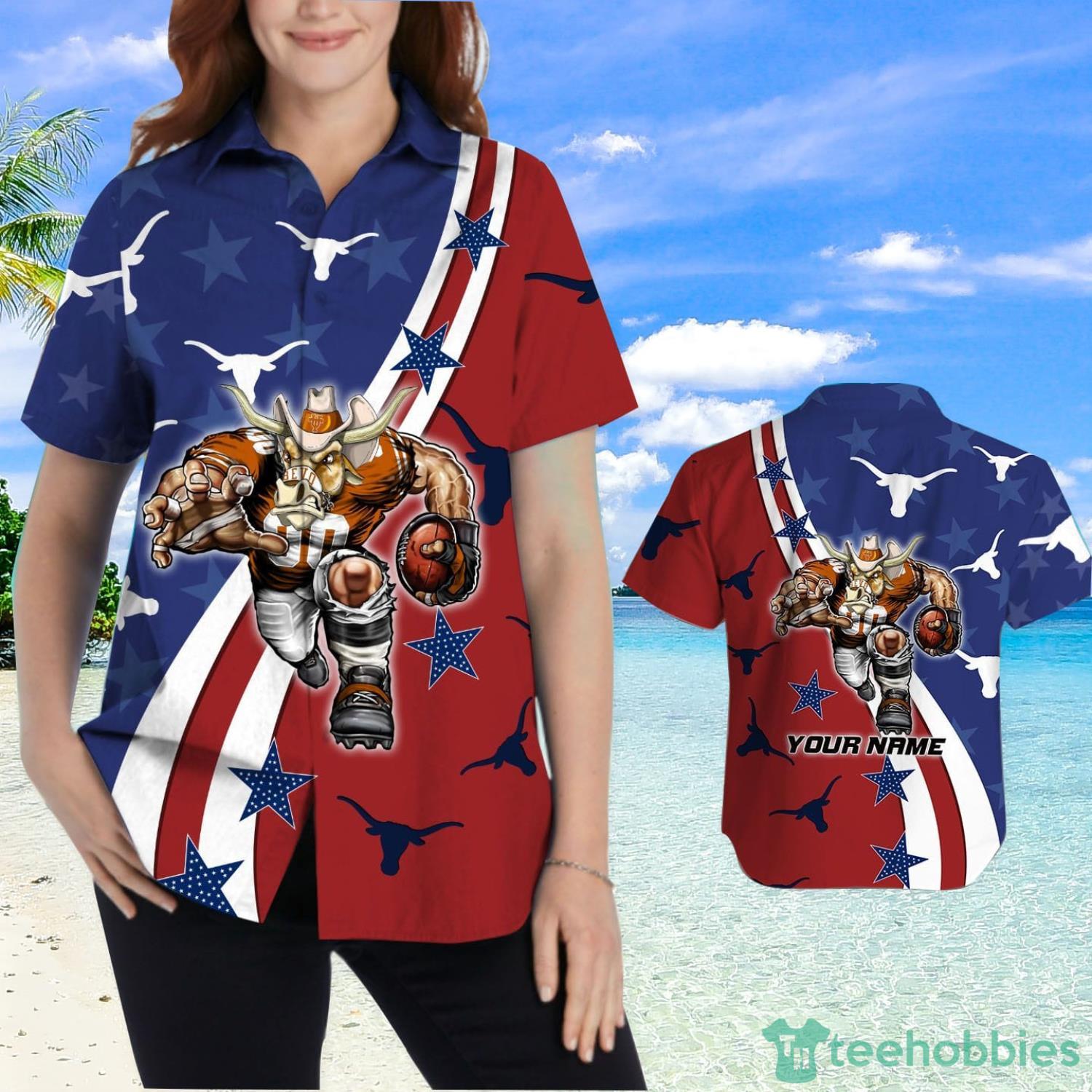 Texas Longhorns American Flag Custom Name Hawaiian Shirt Product Photo 2
