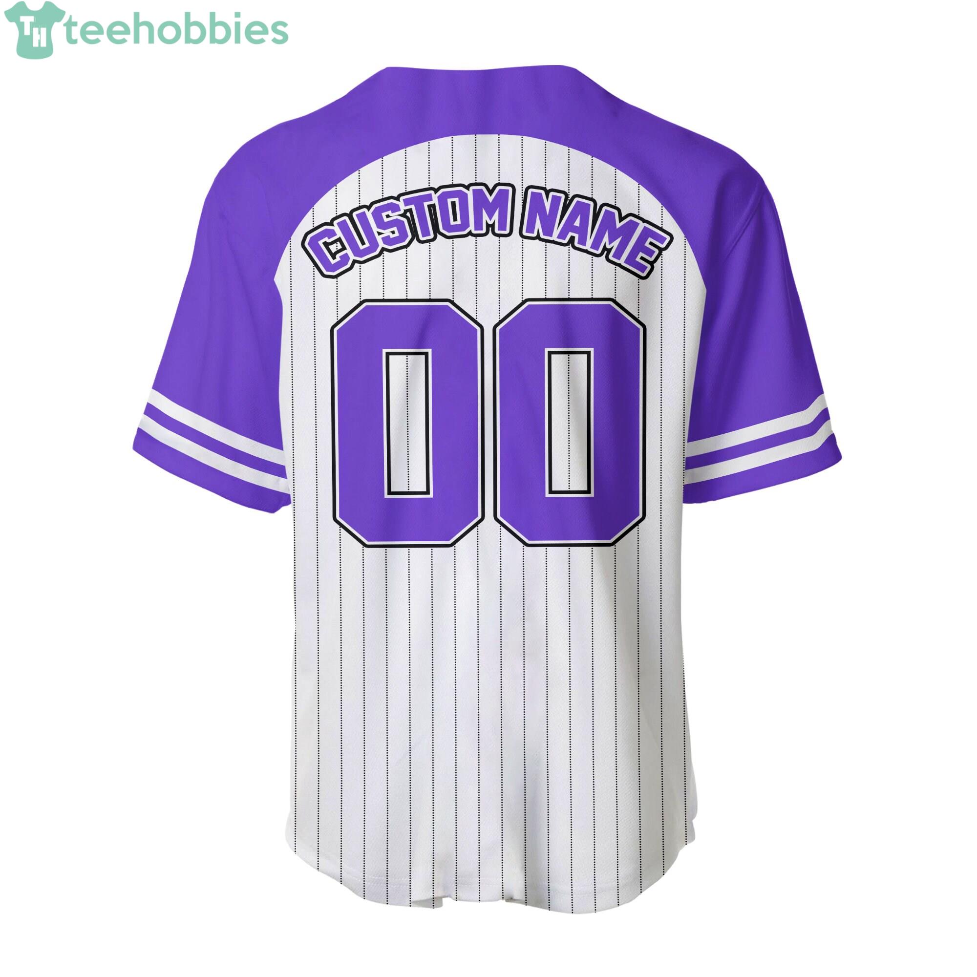 Purple baseball tops with scales in letters, numbers