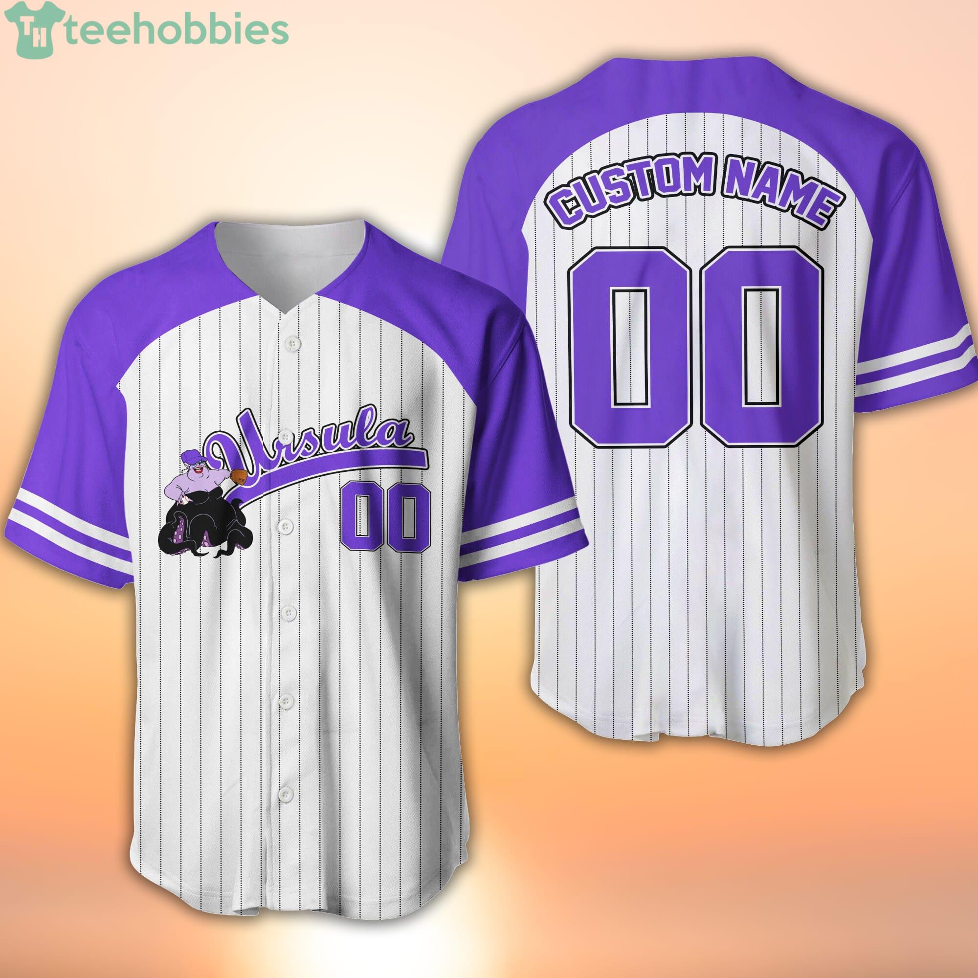 Ursula Striped Purple White Cartoon Custom Name & Number Baseball Jersey  Shirt