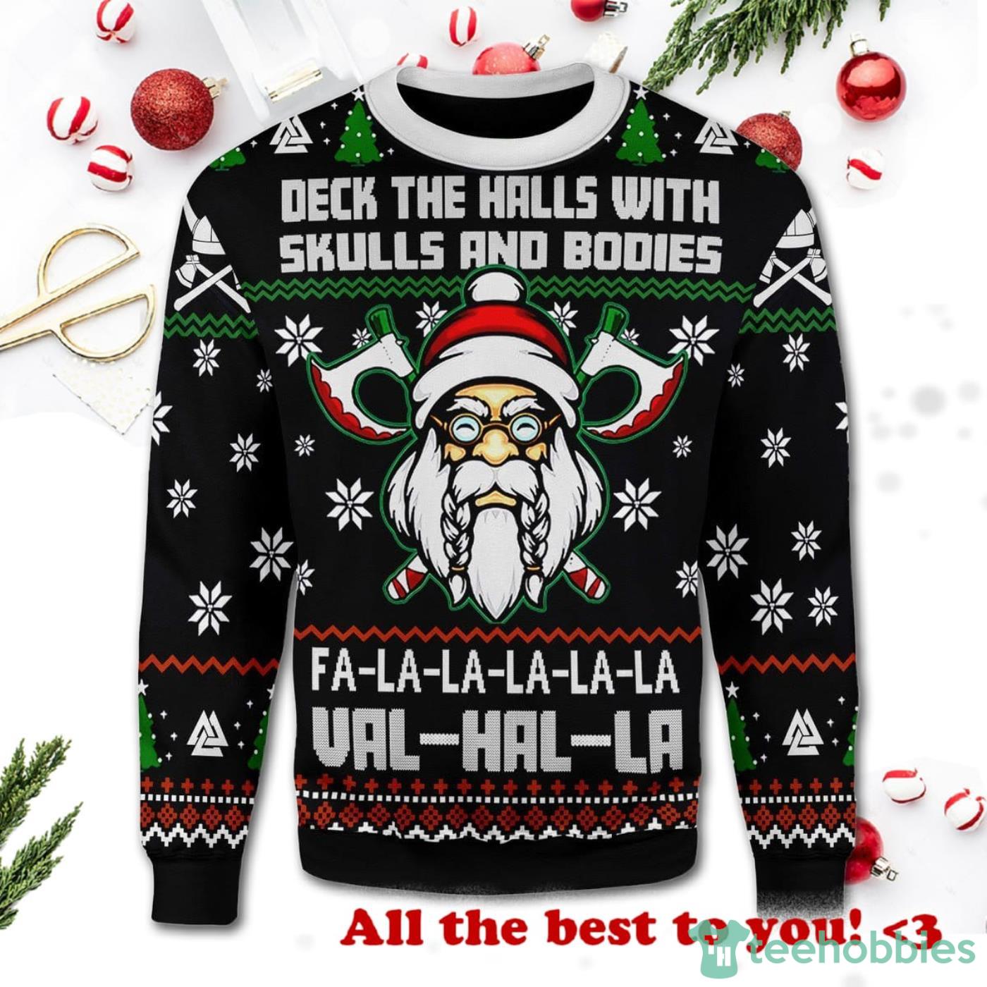 ValHalla Deck The Halls With Skulls And Bodies Christmas Ugly Sweater Product Photo 1