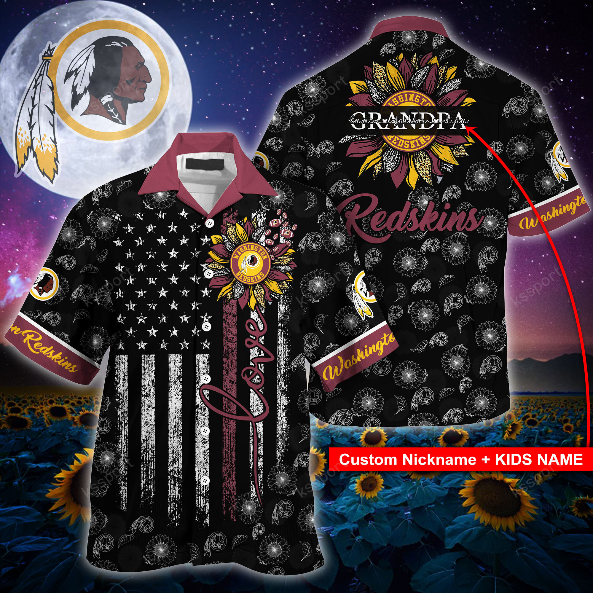 Washington Commanders NFL Custom Name Sunflowers And American Flag Hawaiian Shirt Product Photo 1