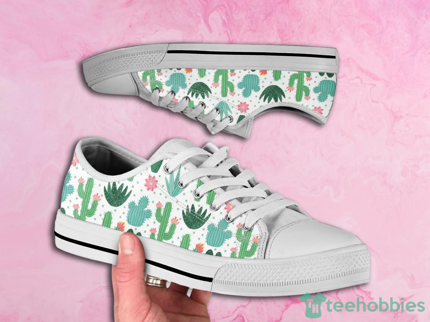 White Green Cactus Cute Pattern Low Top Canvas Shoes Product Photo 1