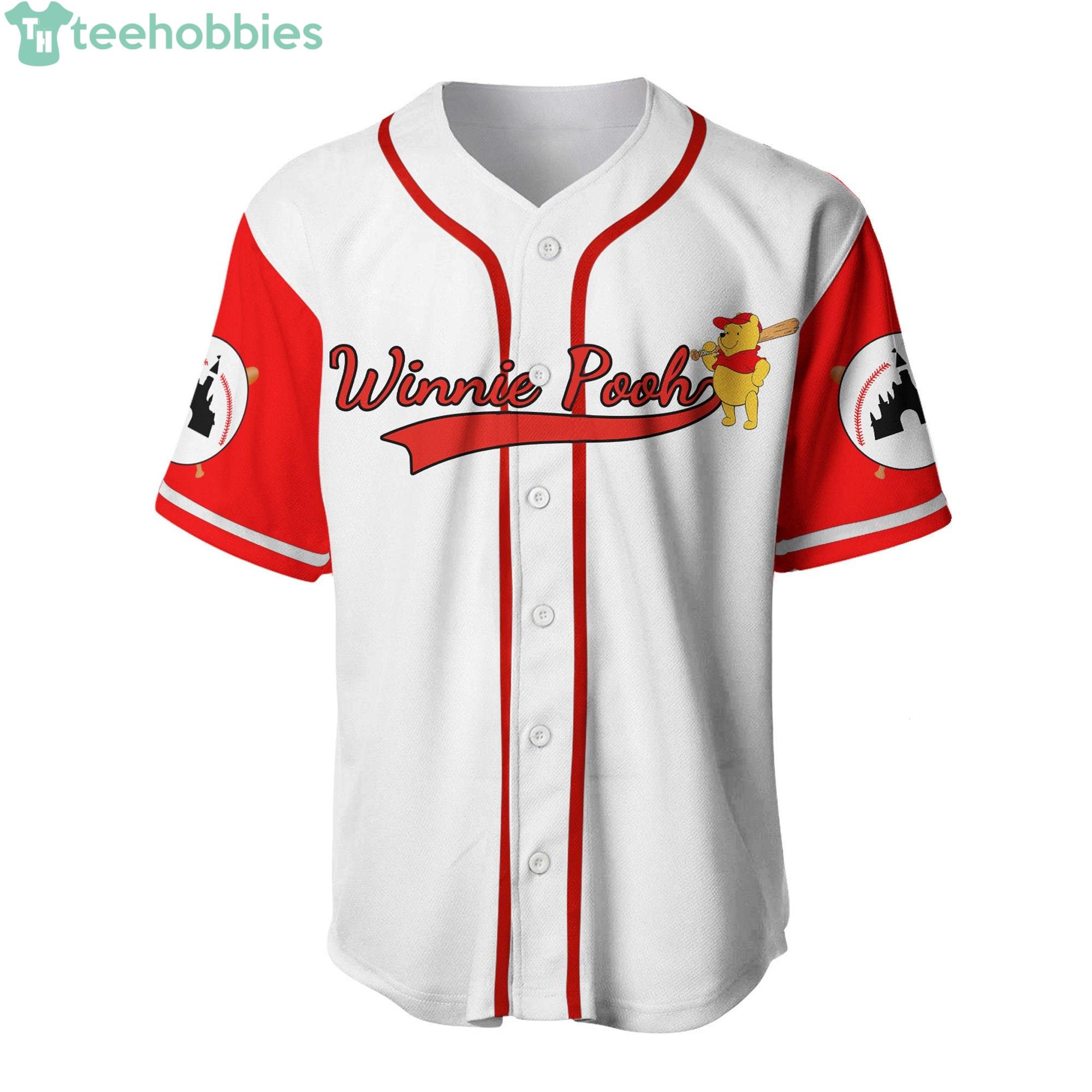 Disney Ladies Pooh Baseball Jersey - Vintage Winnie The Pooh Mesh Button  Down Baseball Jersey - Winnie, Eeyore, Piglet Jersey (White Red, Small) at   Women's Clothing store