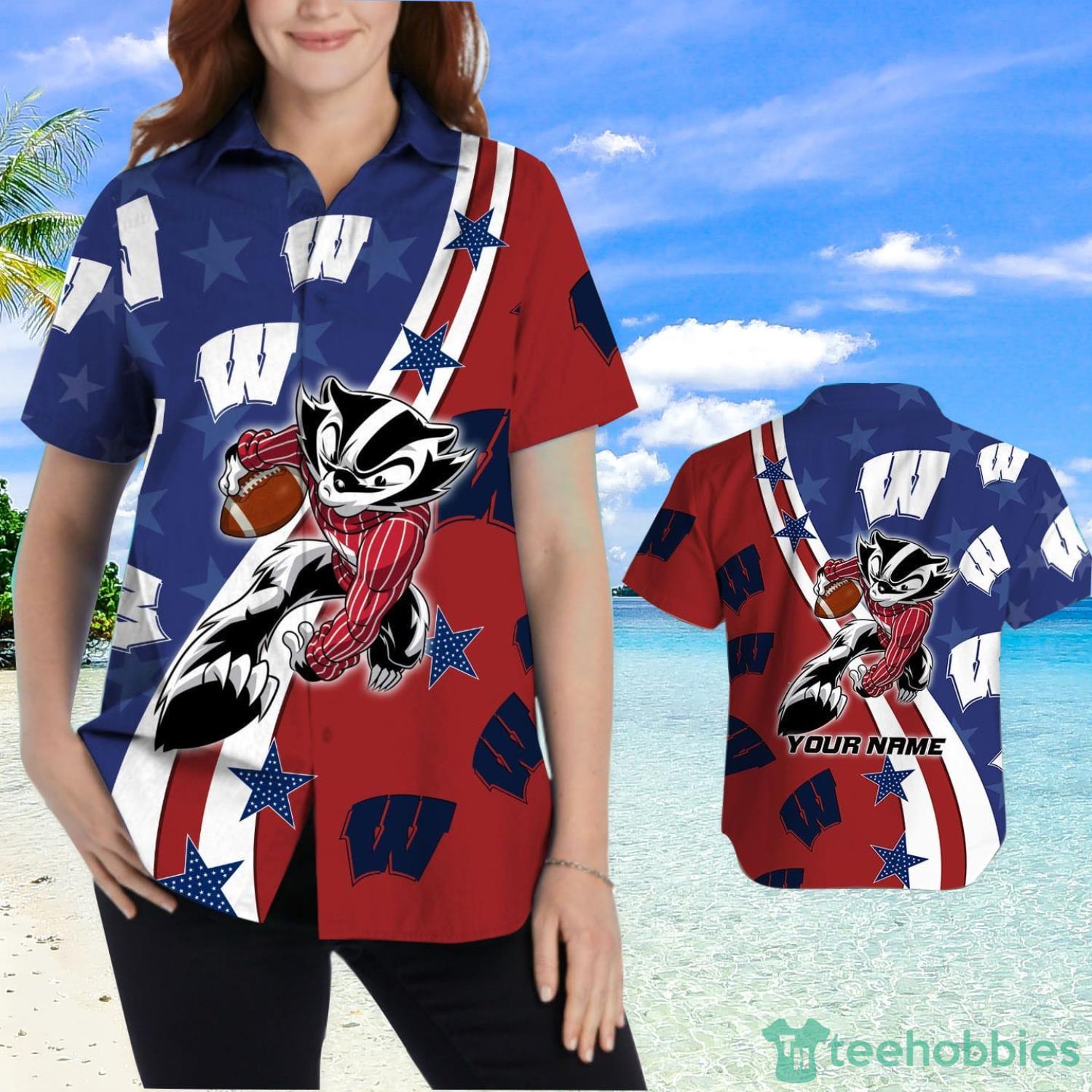Wisconsin Badgers American Flag Custom Name Hawaiian Shirt Product Photo 2