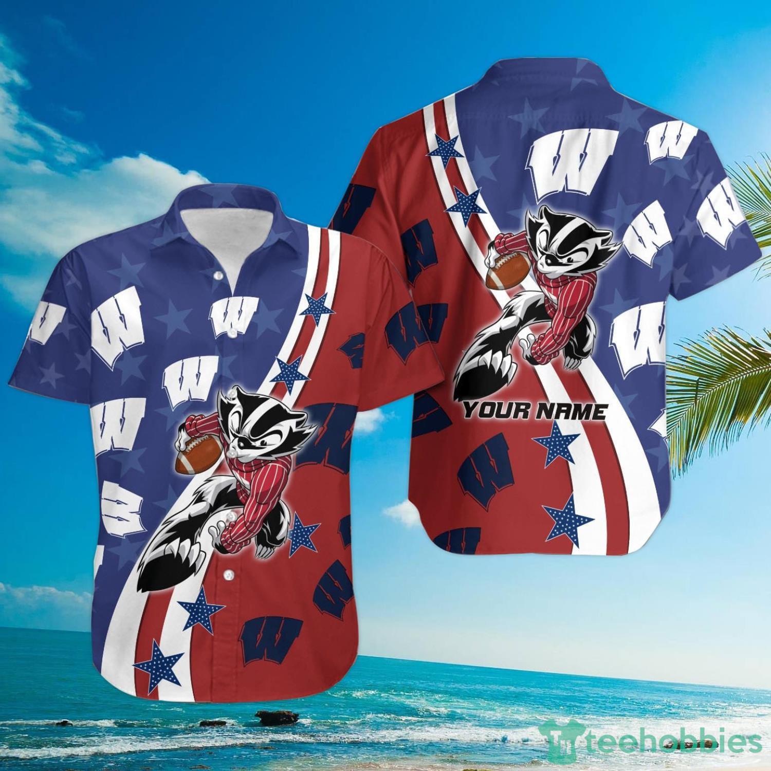 Wisconsin Badgers American Flag Custom Name Hawaiian Shirt Product Photo 3