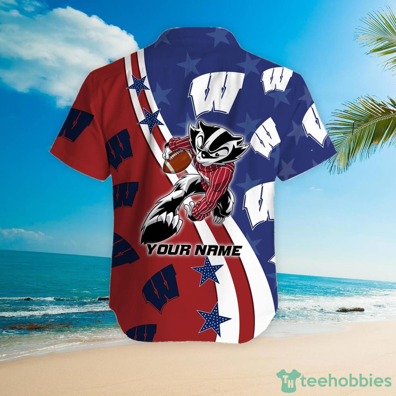 Wisconsin Badgers American Flag Custom Name Hawaiian Shirt Product Photo 5