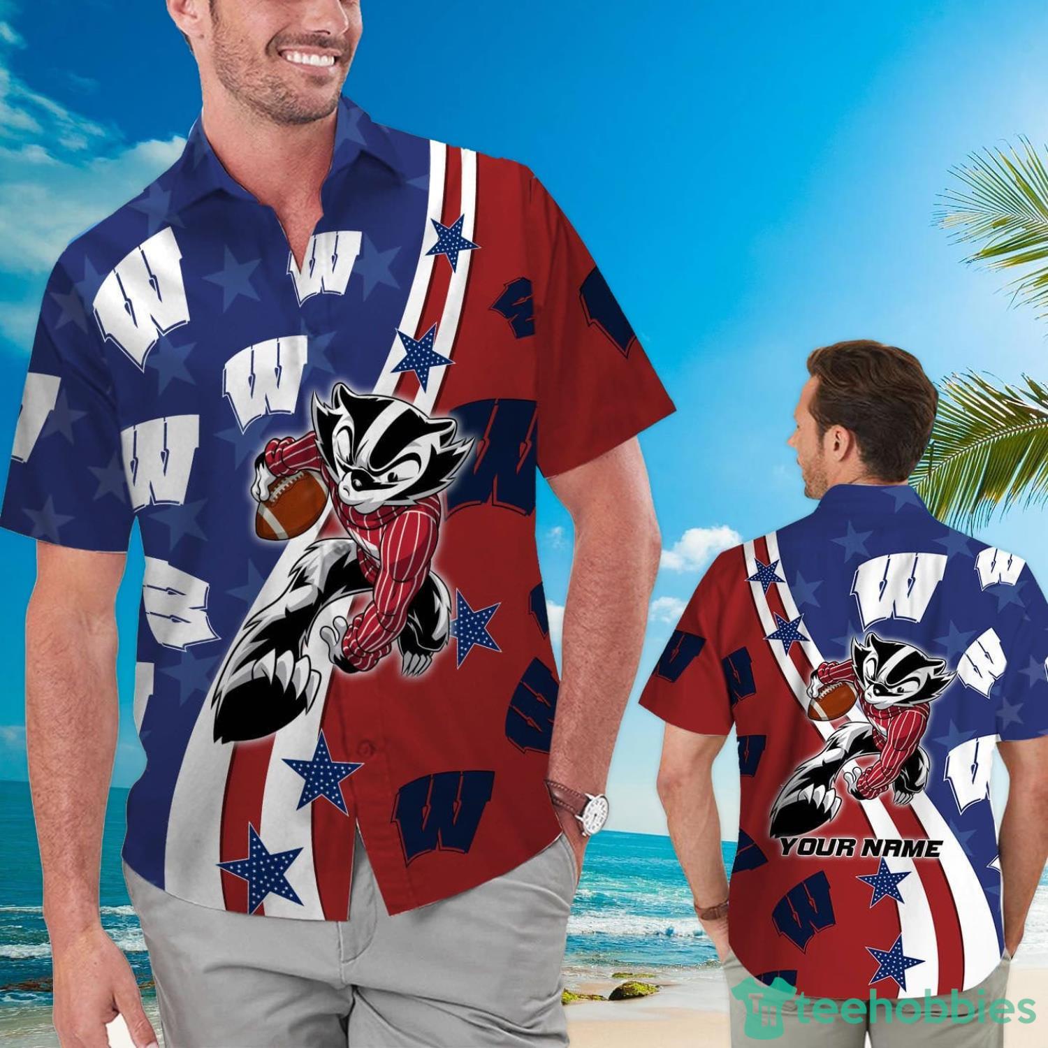 Wisconsin Badgers American Flag Custom Name Hawaiian Shirt Product Photo 1