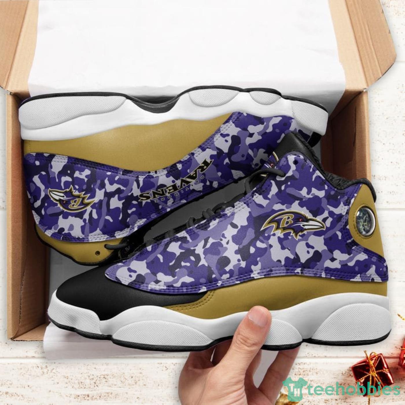 Baltimore Ravens Camo Pattern Air Jordan 13 Shoes For Fans