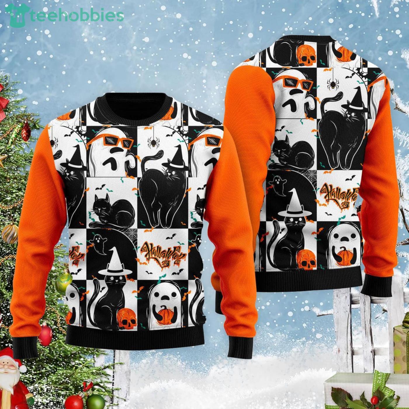 Black Cat And Ghost Halloween Cute Christmas Gift Ugly Christmas Sweater Product Photo 1